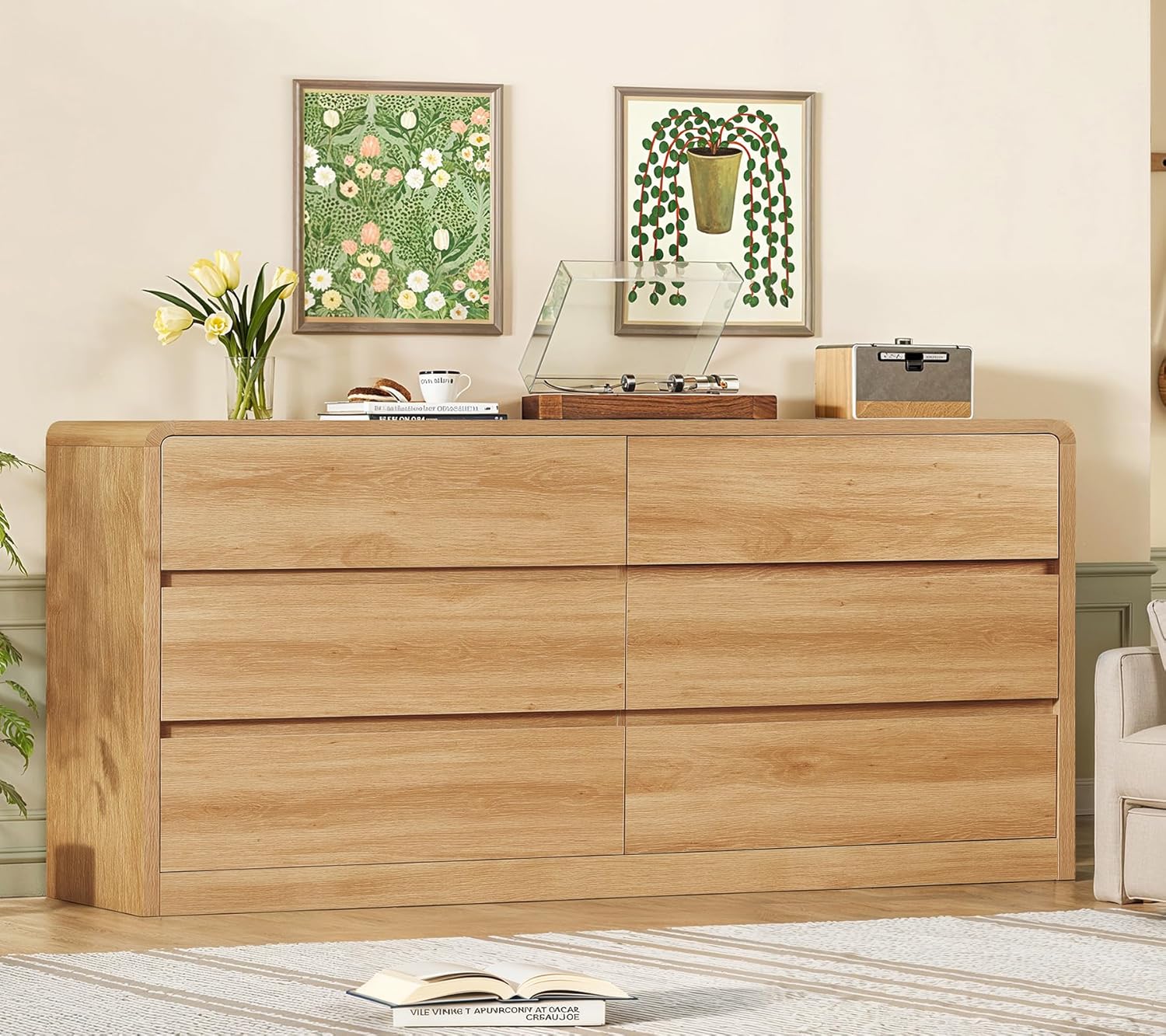 TEENFON 55" Dresser for Bedroom with 6 Drawers, Dressers & Chests of Drawers with Curved Profile Design, 6 Drawer Dresser, Bedroom Dressers, Wood Dressers for Bedroom, Hallway, Natural