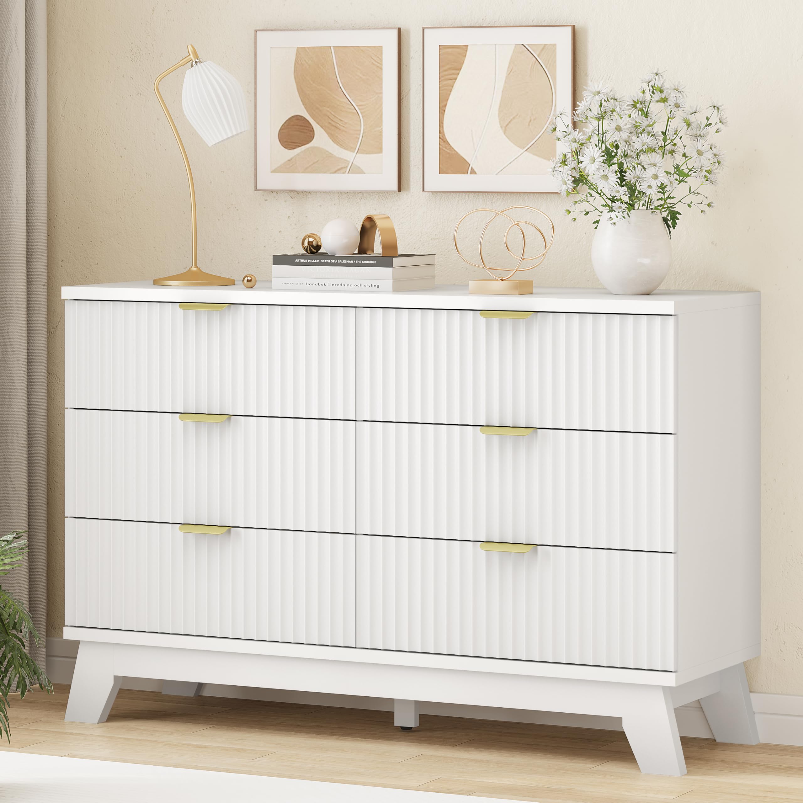 9-Drawer Fluted Dresser, 57" Wide Natural Oak Storage Chest with Metal Handles