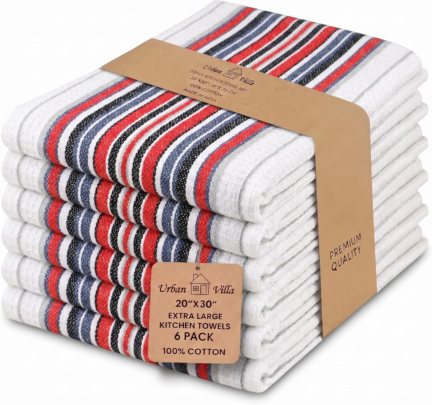 Urban Villa Kitchen Towels 100% Cotton Dish Towels for Kitchen (Set of 6) 20”x30” Dish Cloths Highly Absorbent Kitchen Linen Set with Hanging Loop Perfect for Drying Dishes Cleaning Towels-Blue White