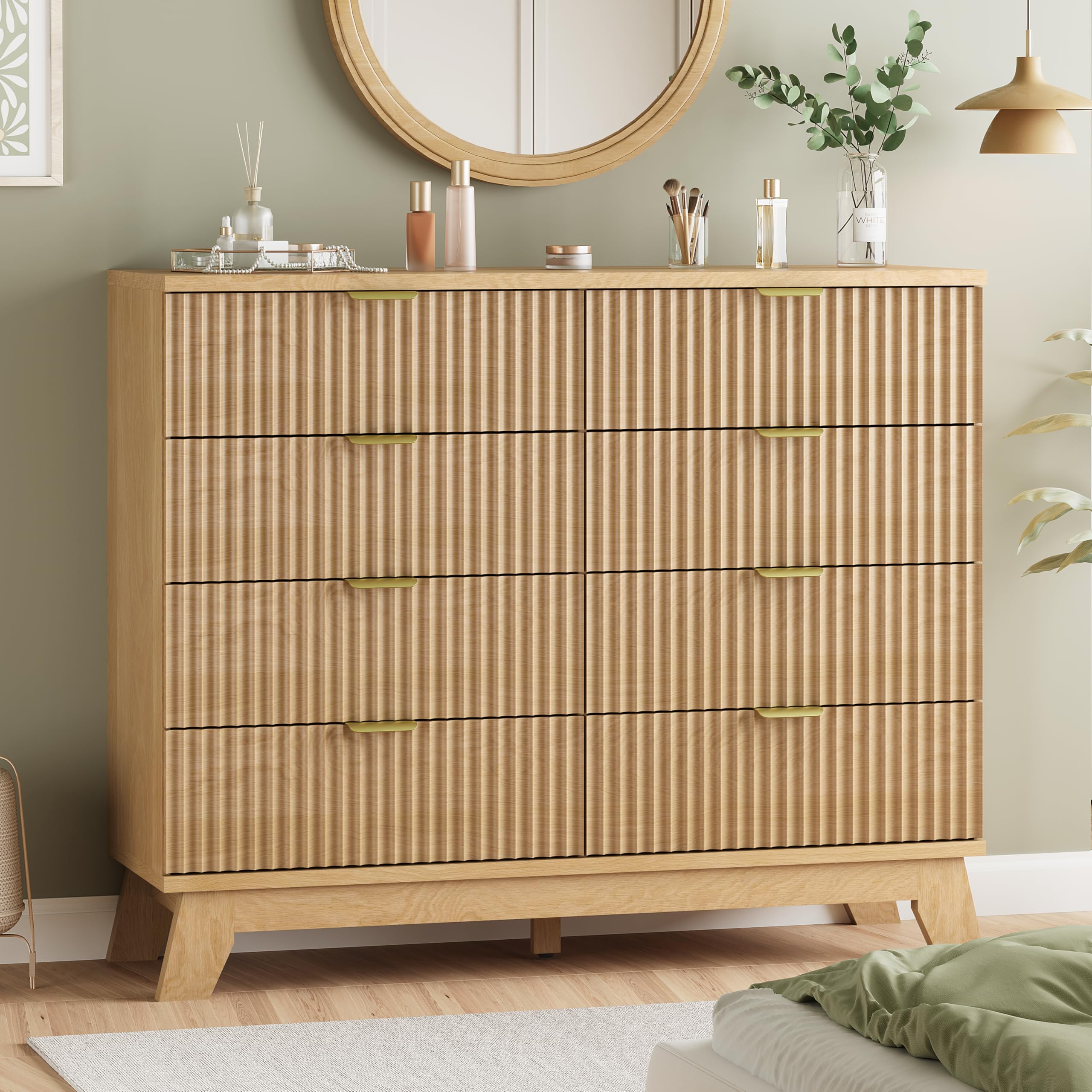 9-Drawer Fluted Dresser, 57" Wide Natural Oak Storage Chest with Metal Handles