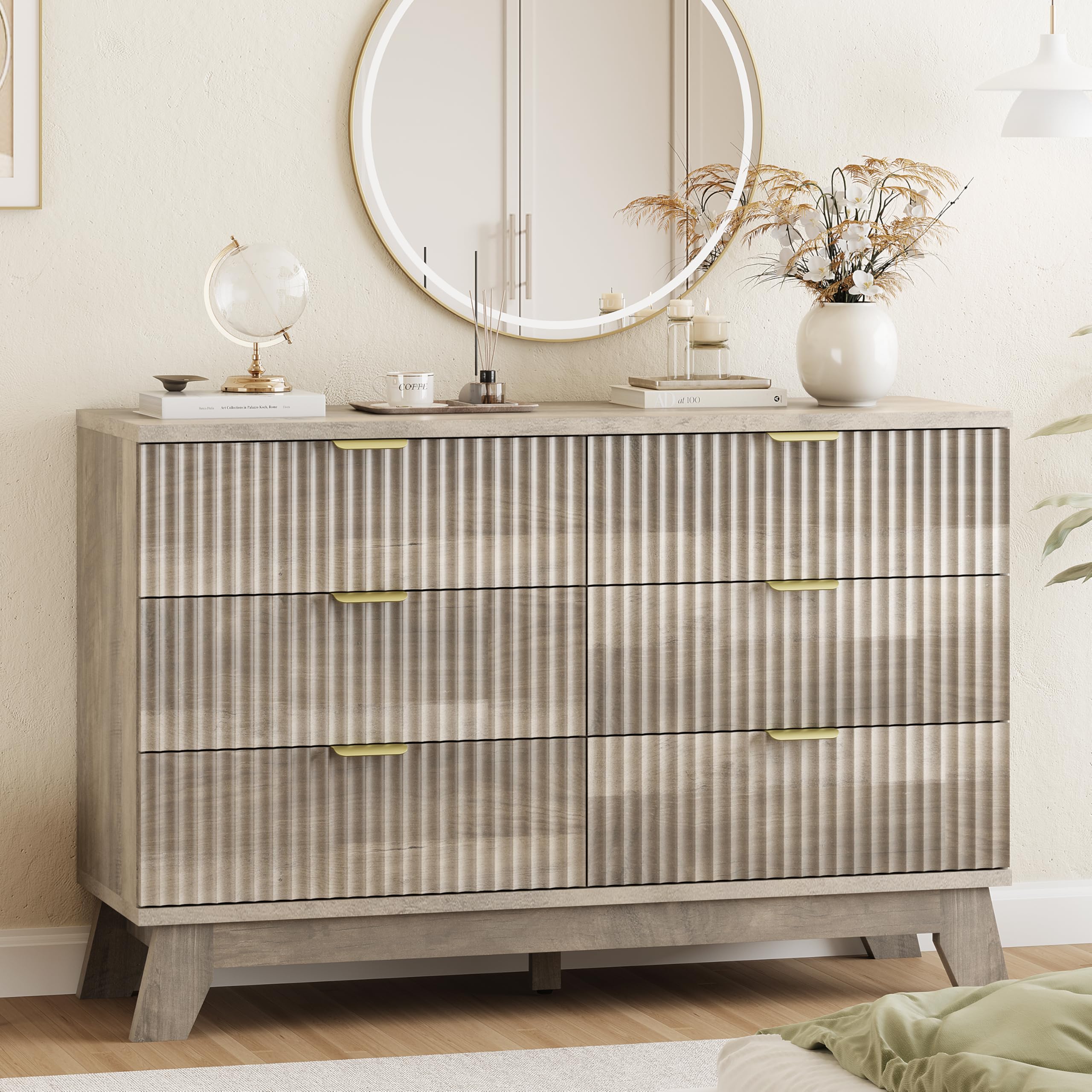 9-Drawer Fluted Dresser, 57" Wide Natural Oak Storage Chest with Metal Handles