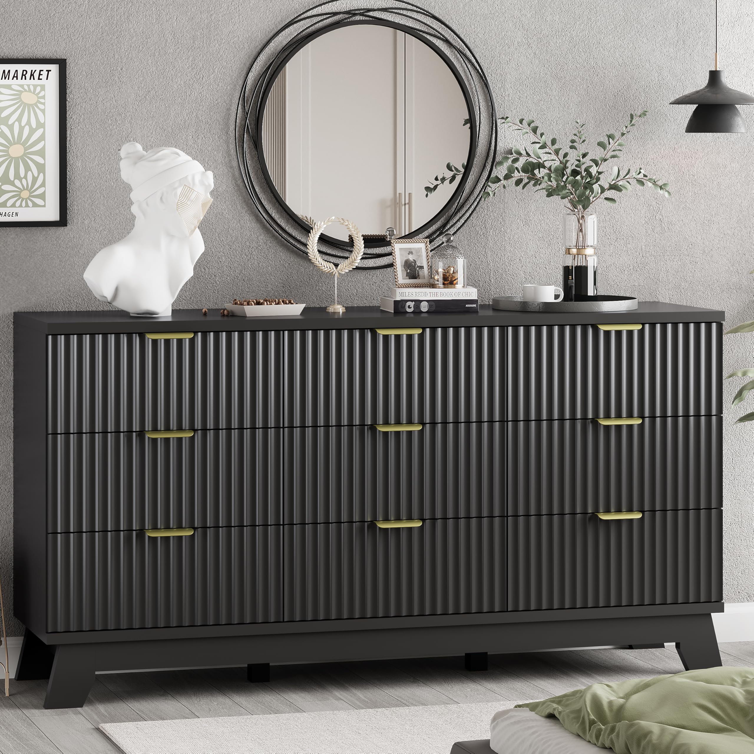 9-Drawer Fluted Dresser, 57" Wide Natural Oak Storage Chest with Metal Handles
