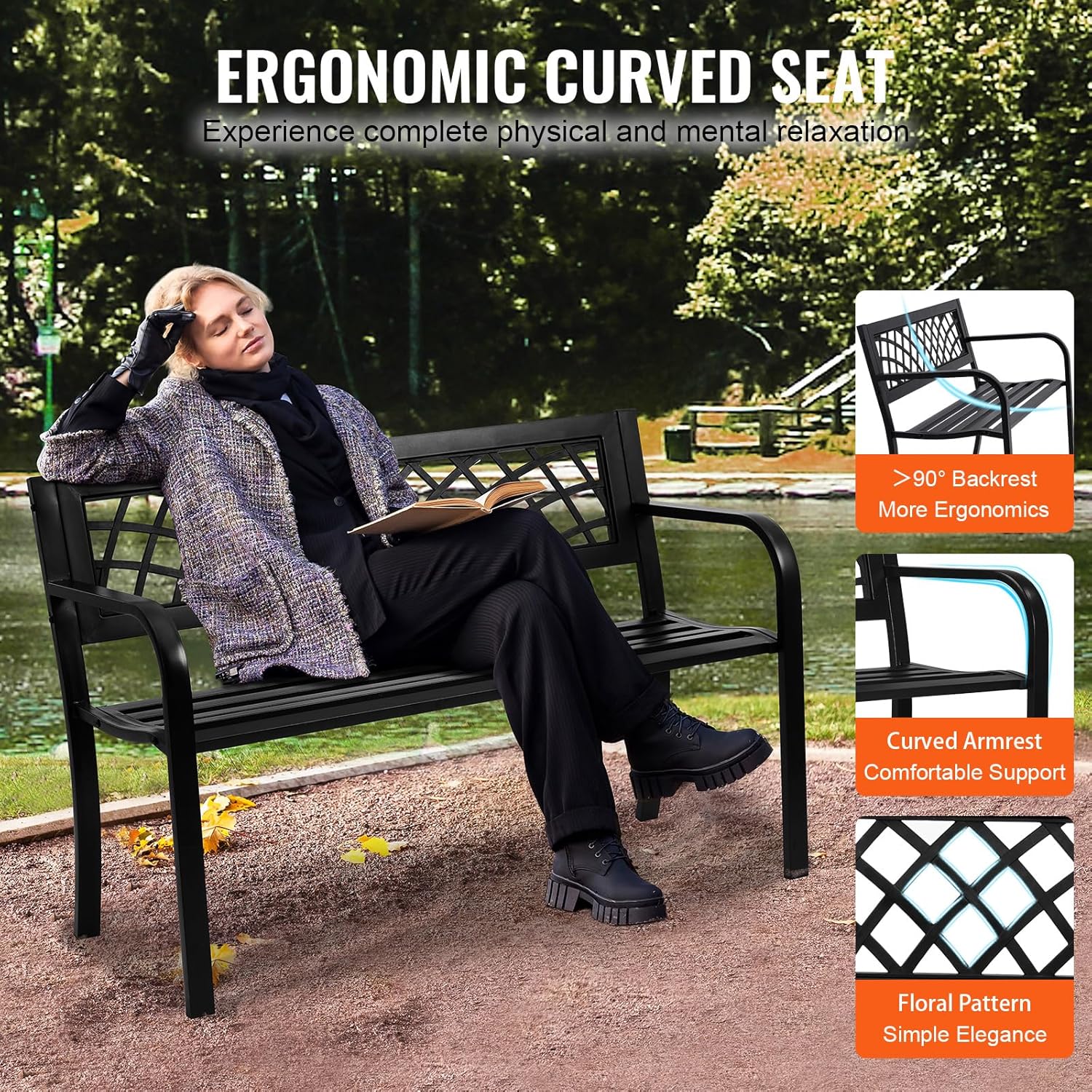 VEVOR Outdoor Bench, 46" Iron Steel Frame Garden Park Bench with Mesh Pattern and Plastic Backrest Armrests, Patio Bench for Garden, Park, Yard, Front Porch