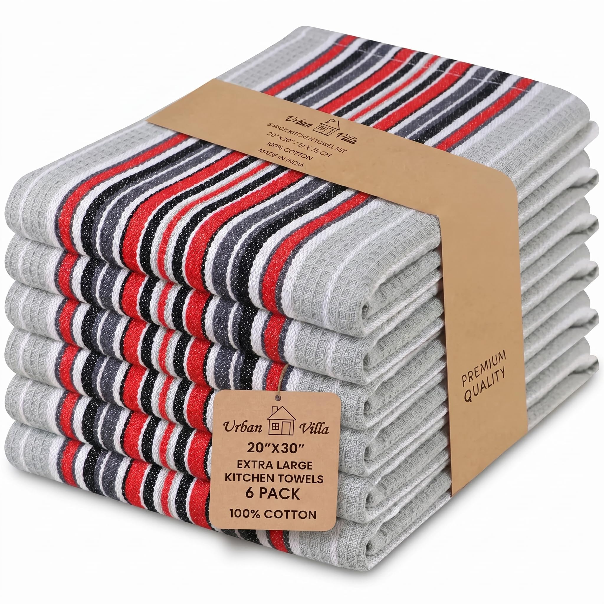 Urban Villa Kitchen Towels 100% Cotton Dish Towels for Kitchen (Set of 6) 20”x30” Dish Cloths Highly Absorbent Kitchen Linen Set with Hanging Loop Perfect for Drying Dishes Cleaning Towels-Blue White