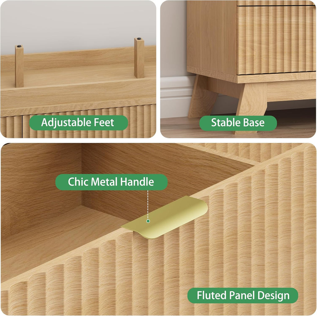 9-Drawer Fluted Dresser, 57" Wide Natural Oak Storage Chest with Metal Handles