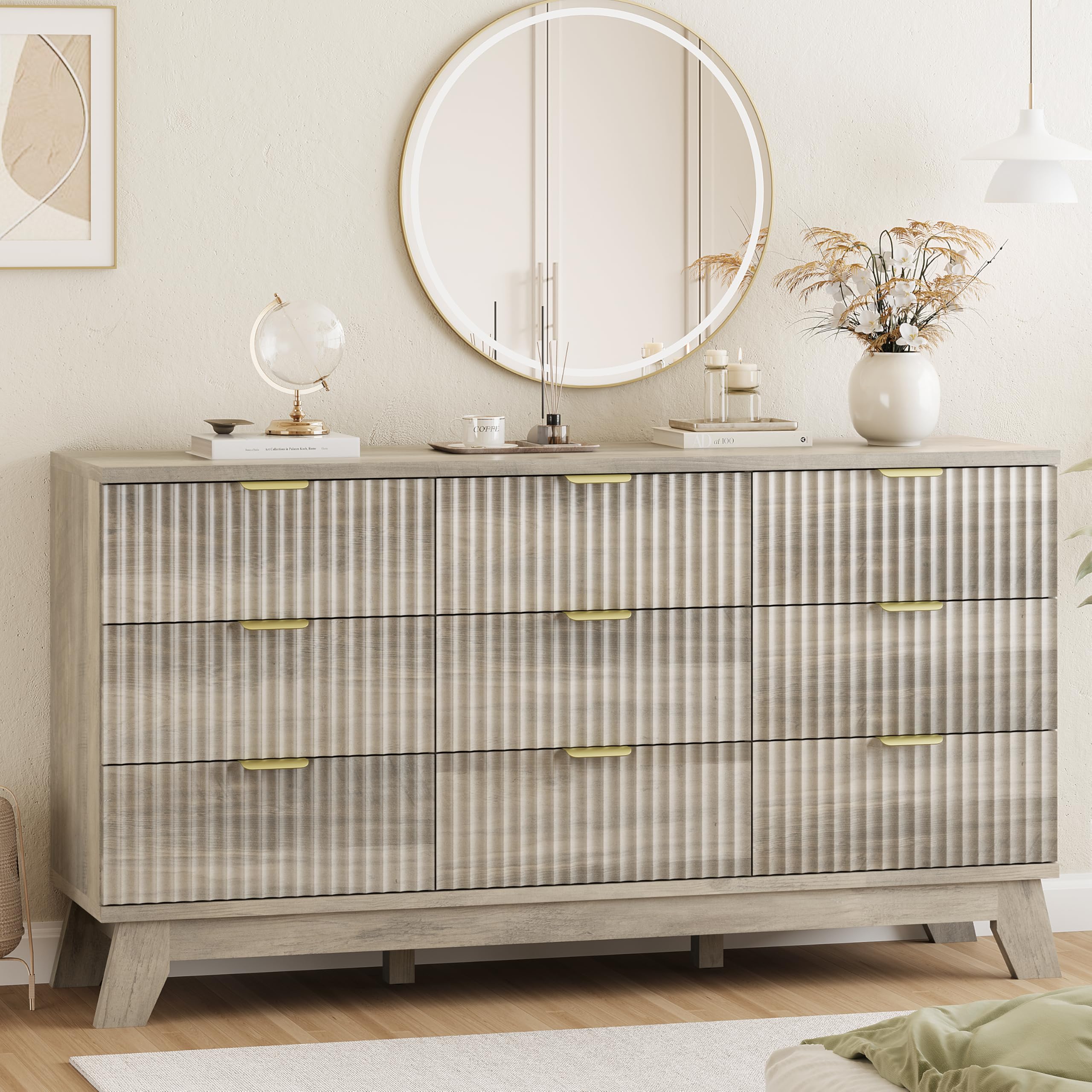 9-Drawer Fluted Dresser, 57" Wide Natural Oak Storage Chest with Metal Handles