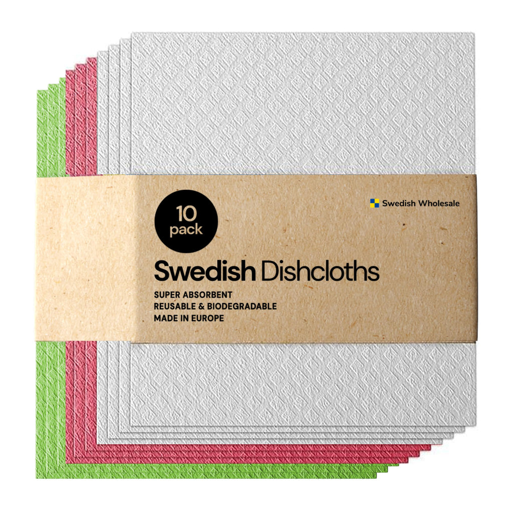 Swedish Wholesale Dishcloths Reusable 8" x 7" Sponge Cloths, Bulk 10 Pack of High Absorbent Cellulose Dish & Kitchen Cleaning Hand Towels, Wring to Dry & Machine Wash, Odor Resistant, White