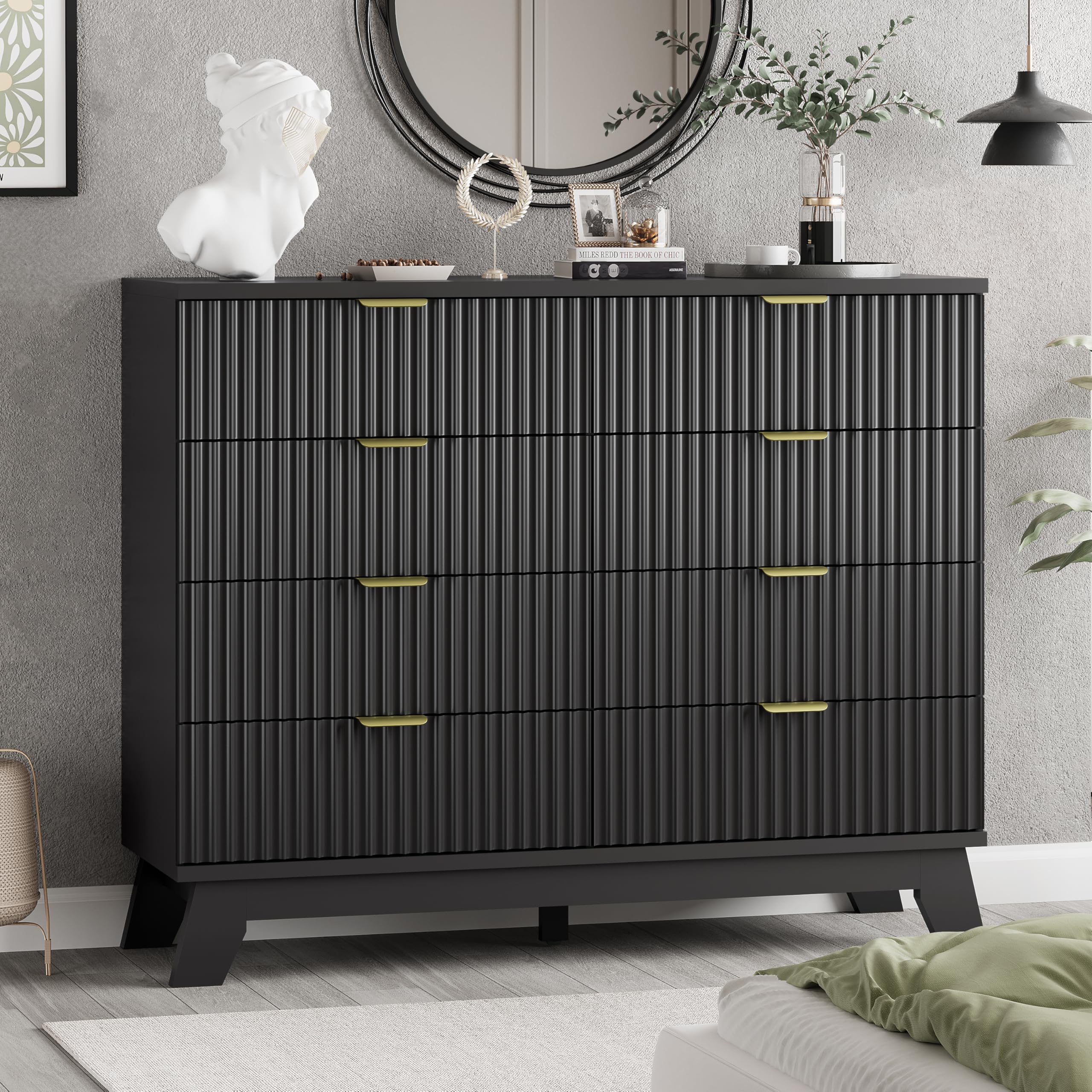 9-Drawer Fluted Dresser, 57" Wide Natural Oak Storage Chest with Metal Handles