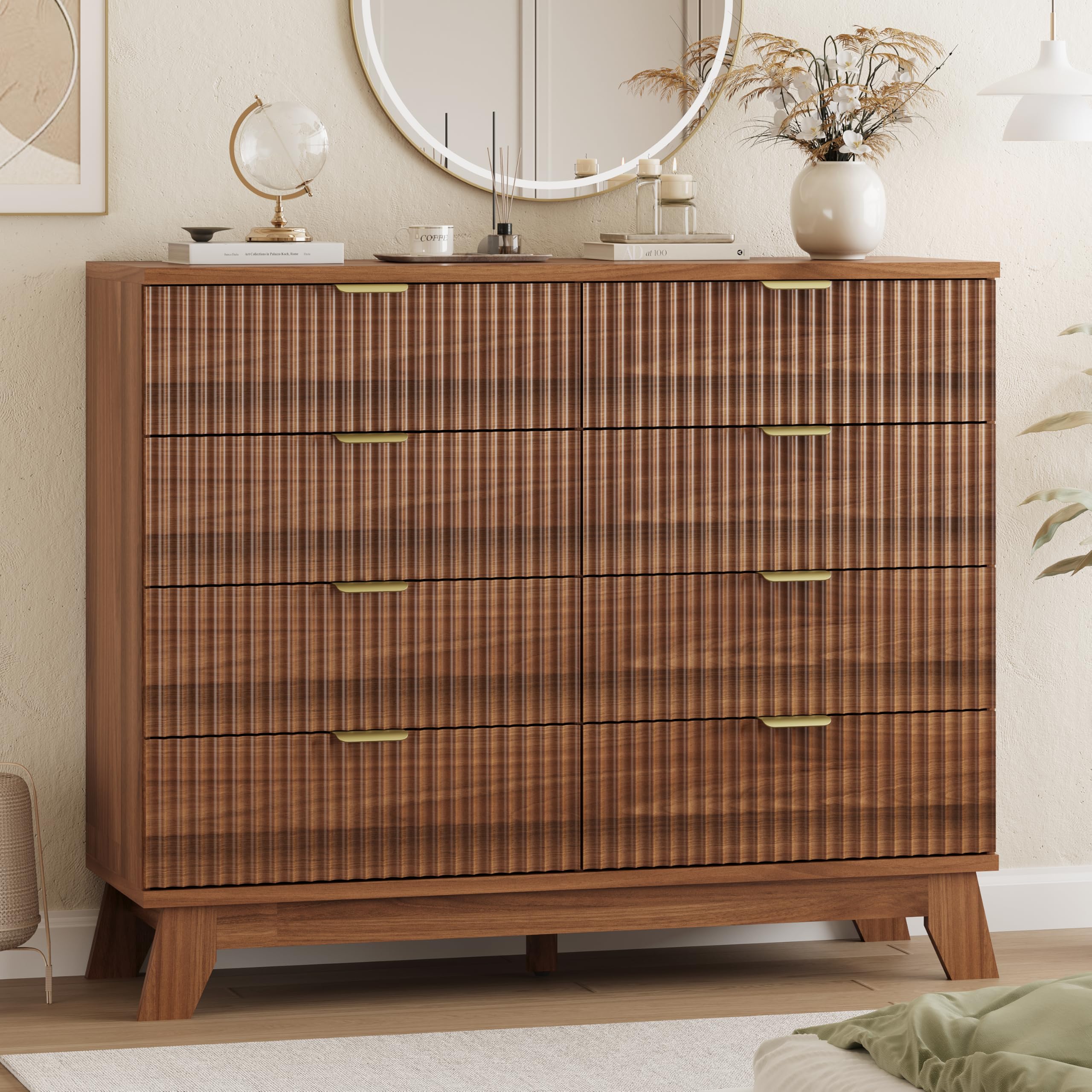 9-Drawer Fluted Dresser, 57" Wide Natural Oak Storage Chest with Metal Handles