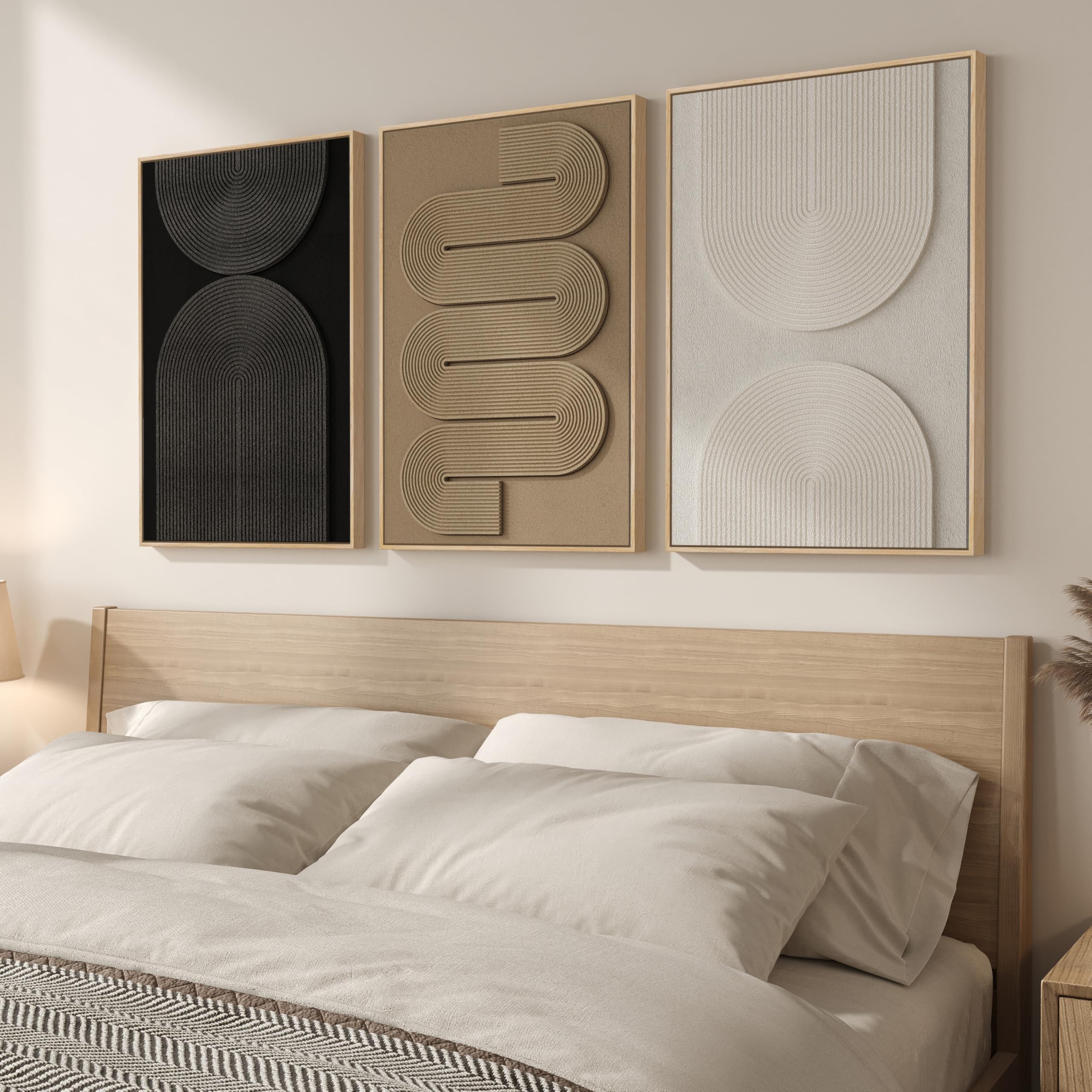 Large 3D Textured Framed Neutral Abstract Wall Art for Living Room, 3 Piece Modern Artwork for Walls, Minimalist White and Brown Geometric Wall Paintings for Hallway, Stair, Office Wall Decor 24x36 In