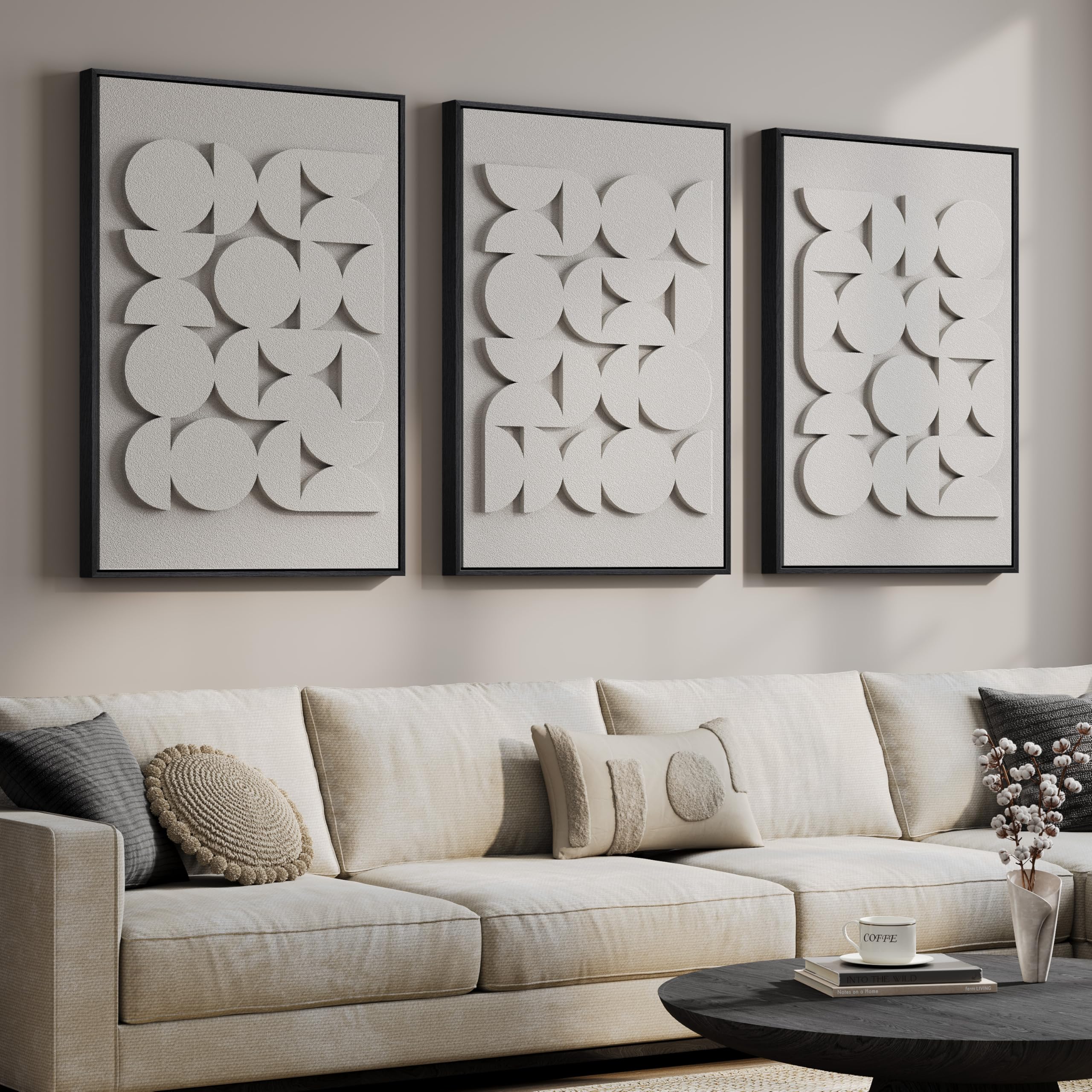Large 3D Textured Framed Neutral Abstract Wall Art for Living Room, 3 Piece Modern Artwork for Walls, Minimalist White and Brown Geometric Wall Paintings for Hallway, Stair, Office Wall Decor 24x36 In