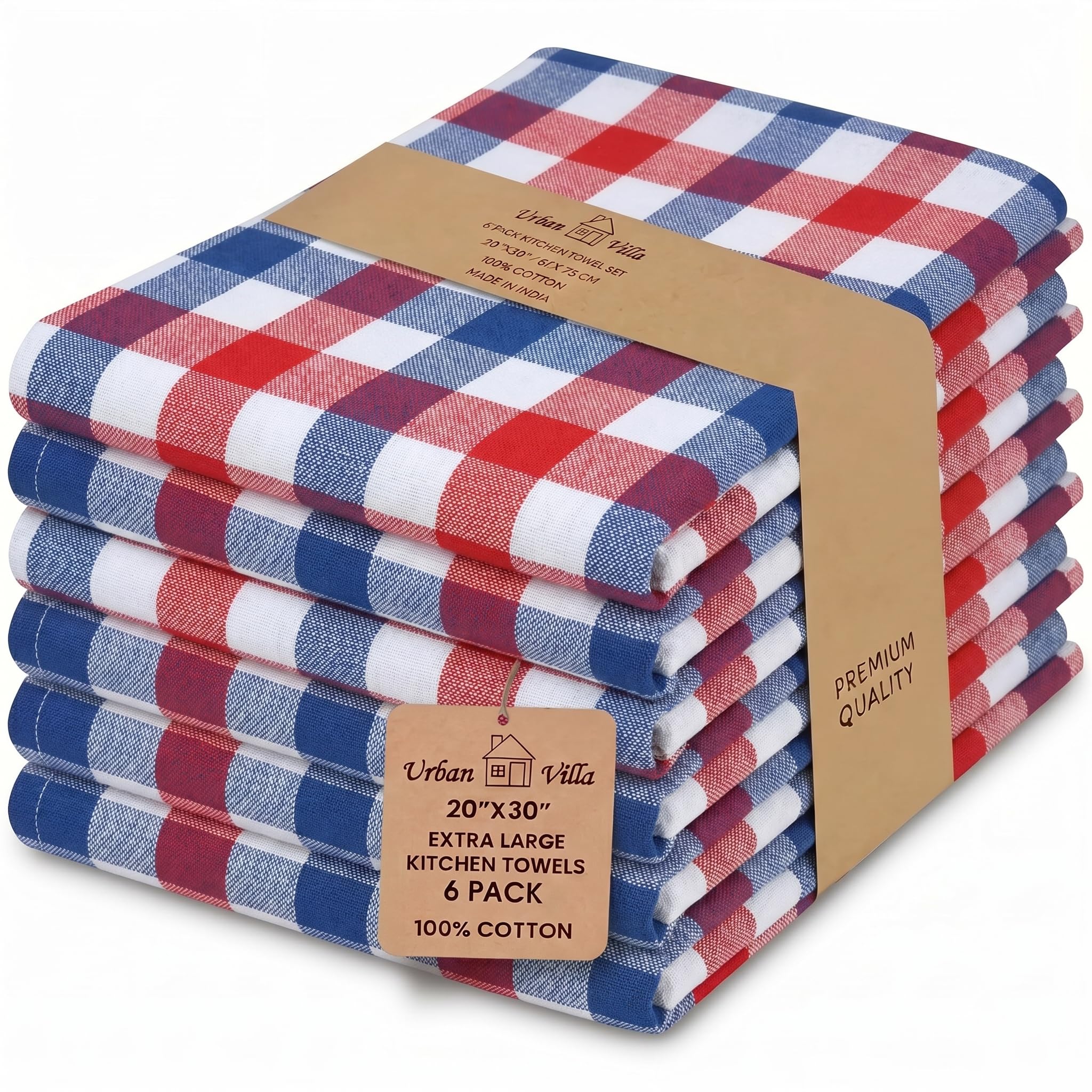 Urban Villa Kitchen Towels 100% Cotton Dish Towels for Kitchen (Set of 6) 20”x30” Dish Cloths Highly Absorbent Kitchen Linen Set with Hanging Loop Perfect for Drying Dishes Cleaning Towels-Blue White