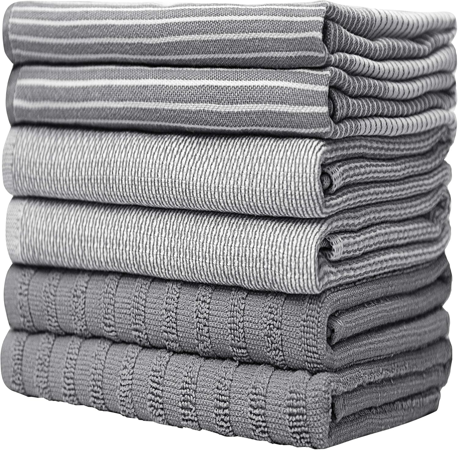 Premium Kitchen Towels (20”x 28”, 6 Pack) | Large Cotton Dish Towels | Flat & Terry Highly Absorbent Kitchen Linen Set with Hanging Loop | Gray