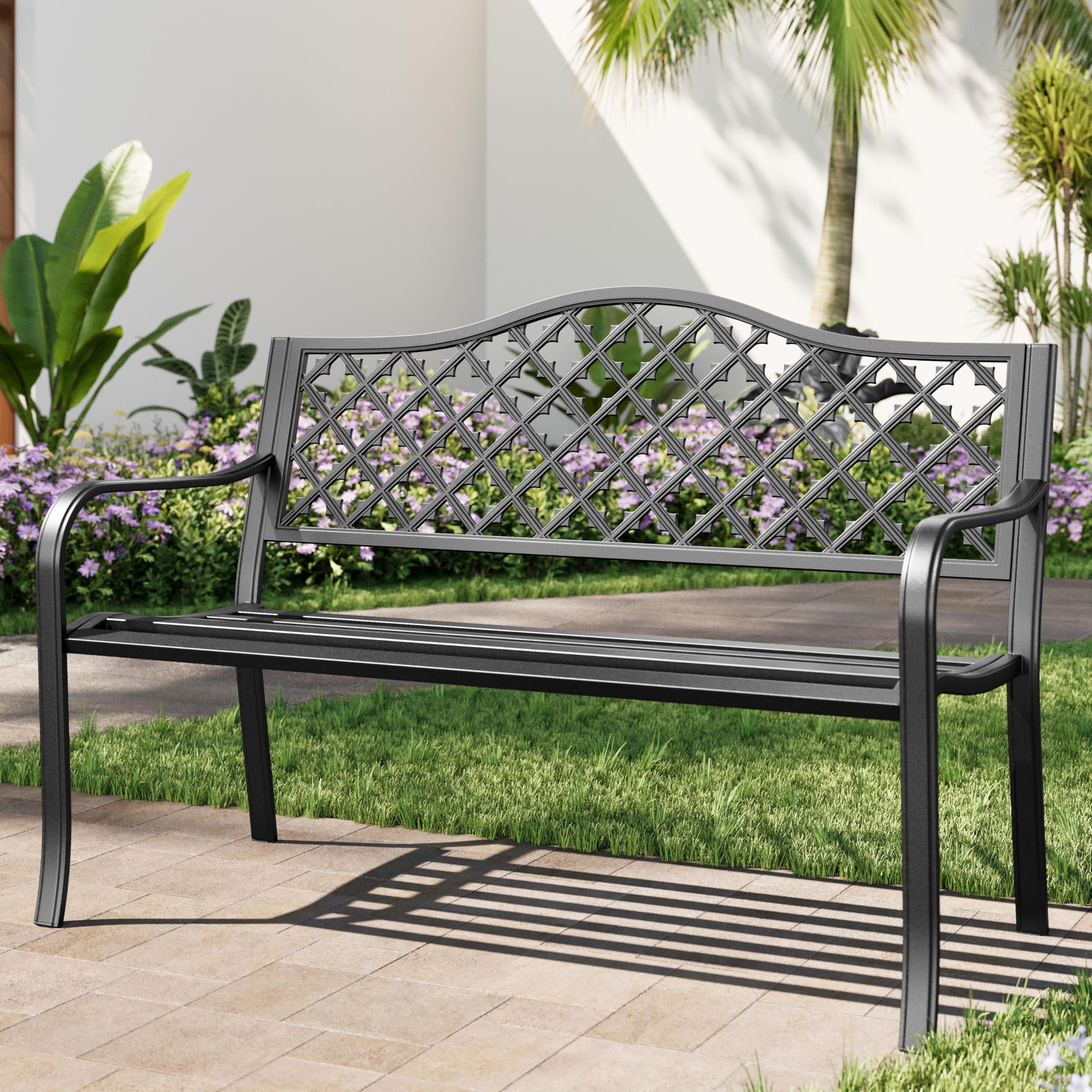 50 Inch Bronze Cast Iron Garden Bench with Floral Backrest