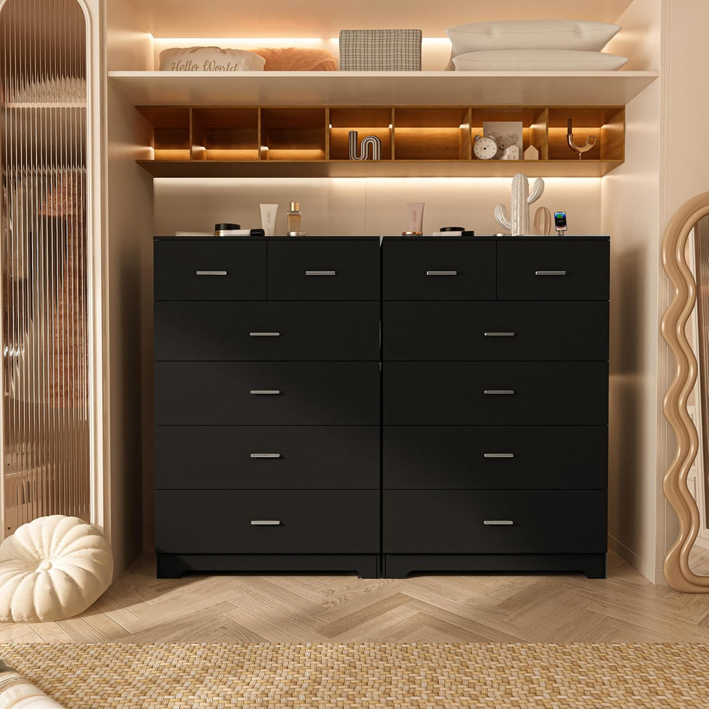 FJTJBSI Dresser with Power Outlets Wooden 6 Drawer Dresser with Large Organizer Black Tall Storage Organizer with Smooth Metal Rail Modern Chest of Drawers Closet for Bedroom Hallway