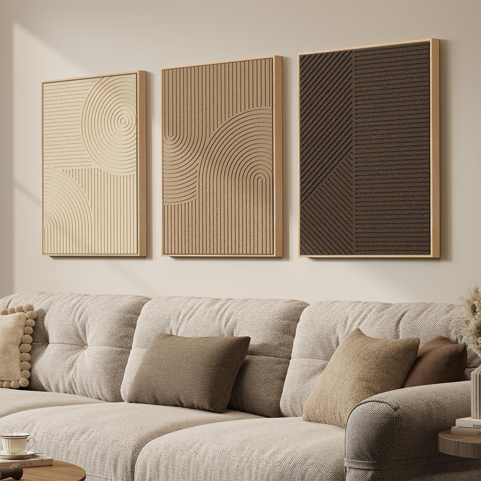 Framed Abstract 3D Textured Wall Art for Living Room, 3 Piece Modern Neutral Artwork for Walls, Brown White Geometric Sandstone Textured Painting for Bedroom, Home Office Decor-Total Size 30x60 Inch