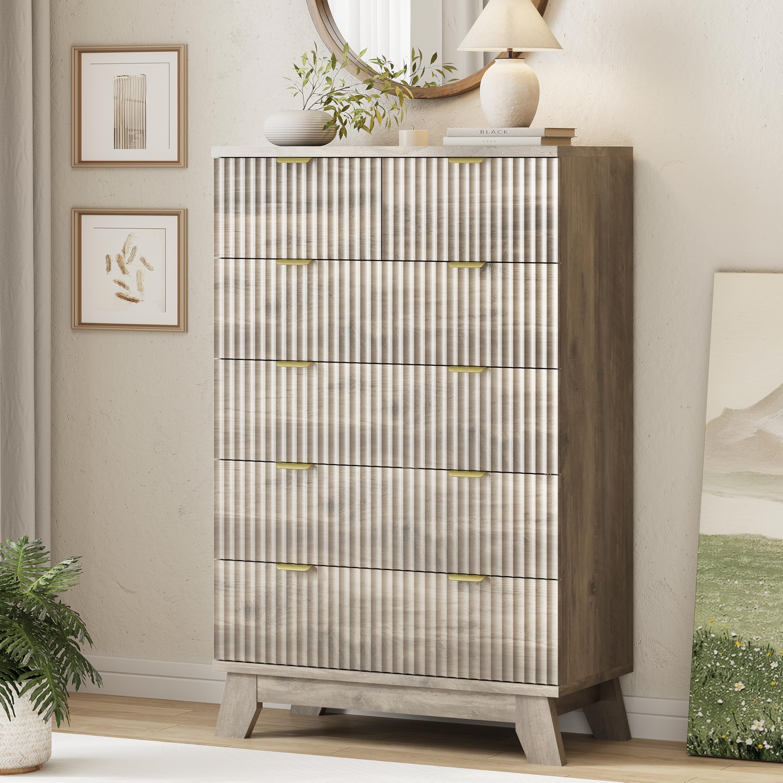 9-Drawer Fluted Dresser, 57" Wide Natural Oak Storage Chest with Metal Handles