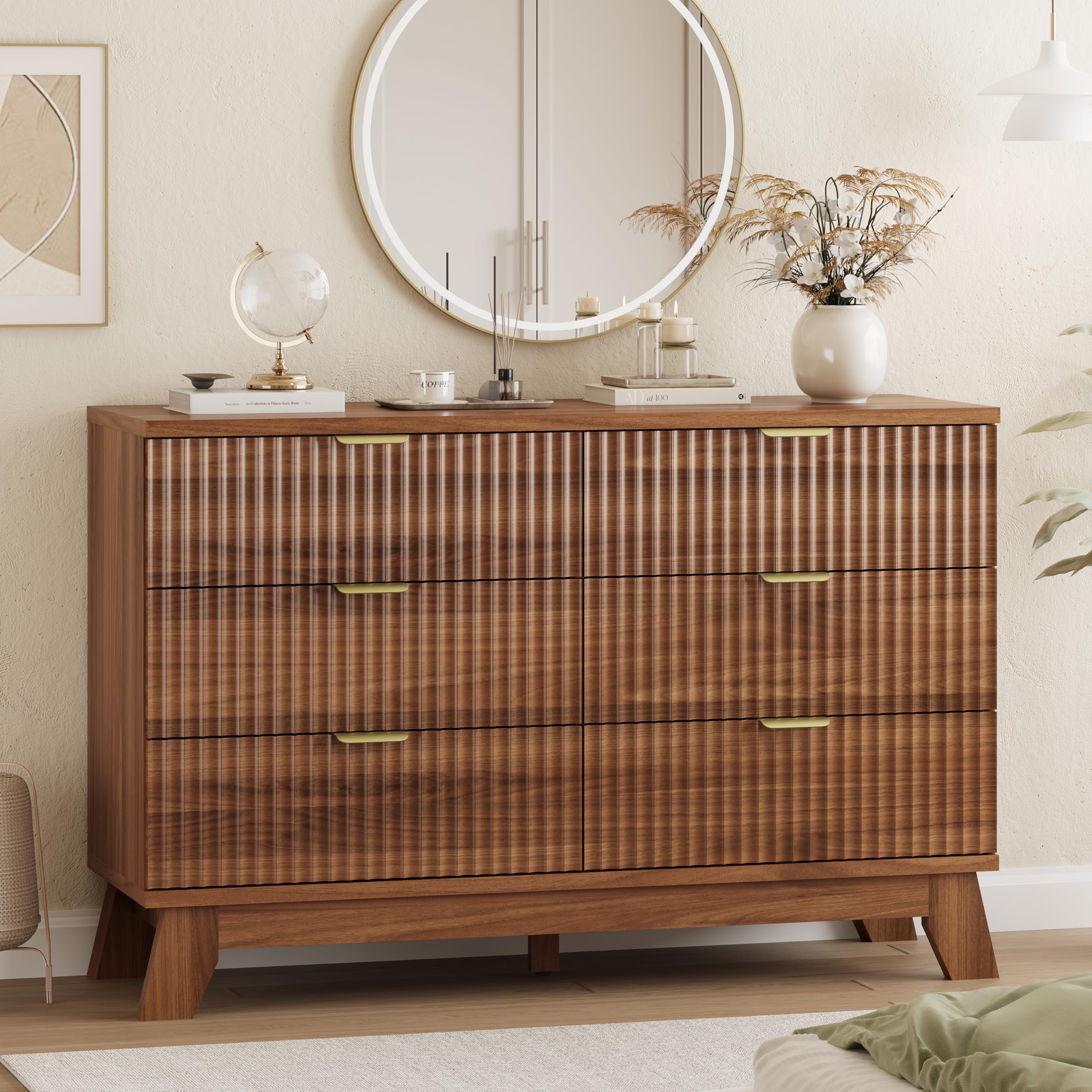9-Drawer Fluted Dresser, 57" Wide Natural Oak Storage Chest with Metal Handles