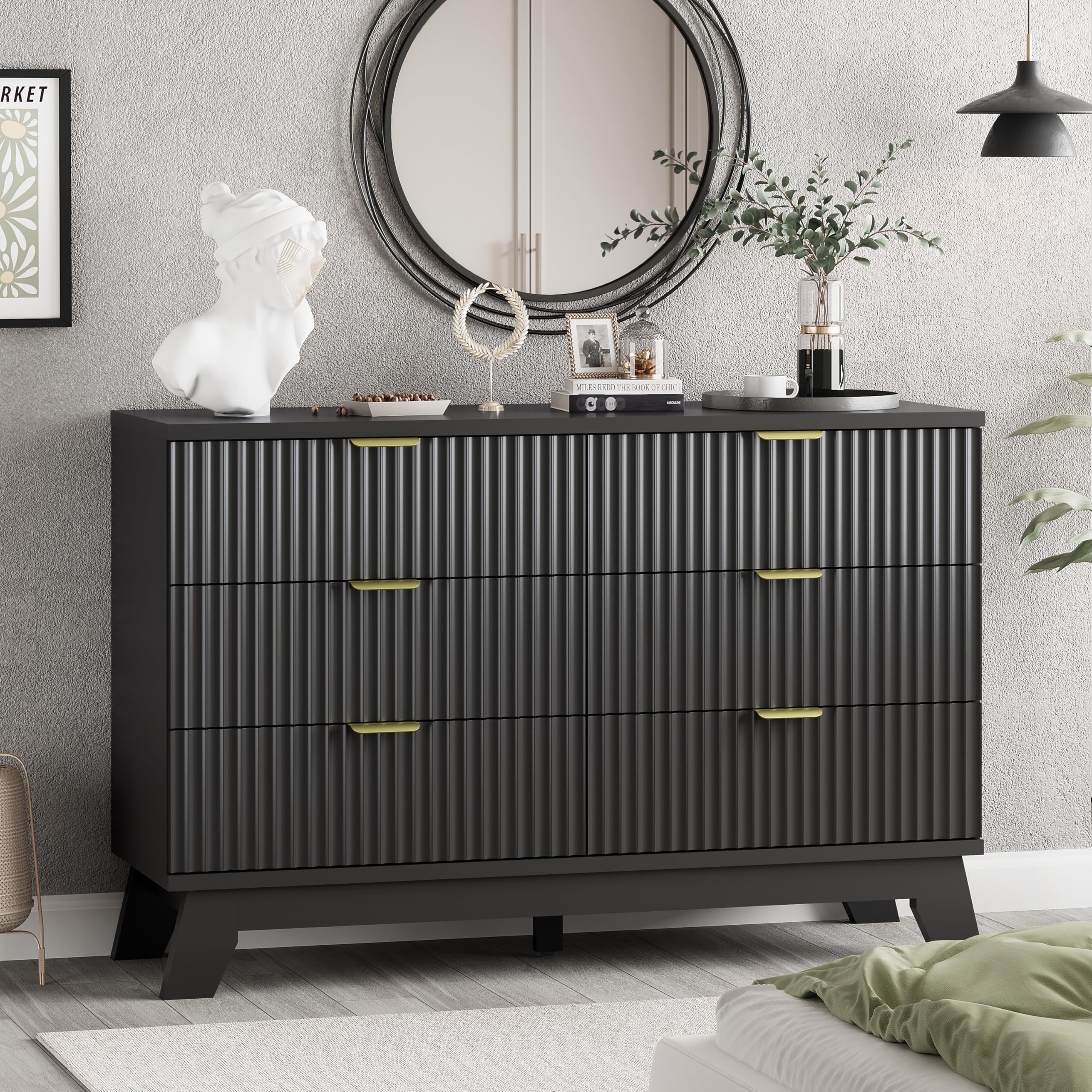 9-Drawer Fluted Dresser, 57" Wide Natural Oak Storage Chest with Metal Handles