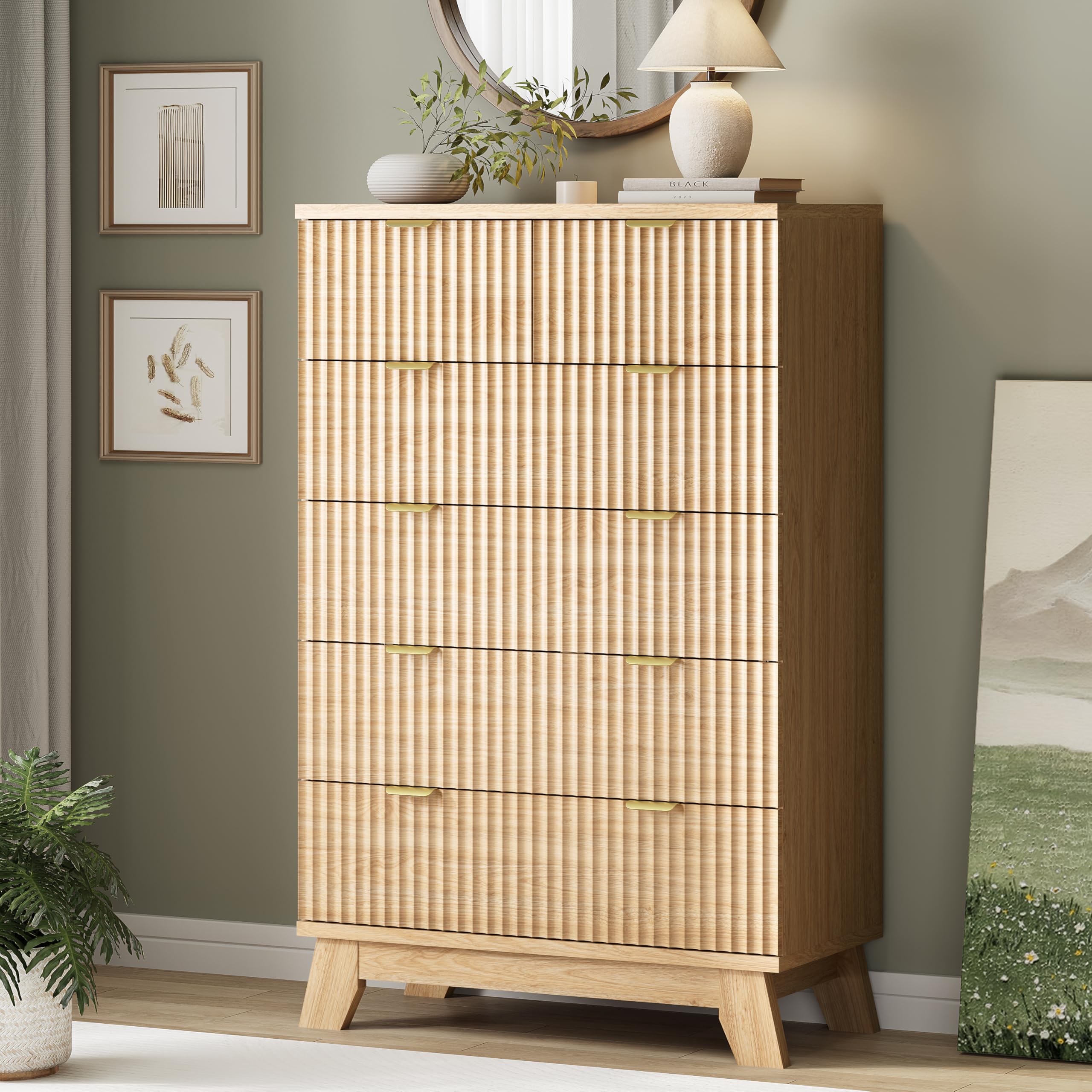 9-Drawer Fluted Dresser, 57" Wide Natural Oak Storage Chest with Metal Handles