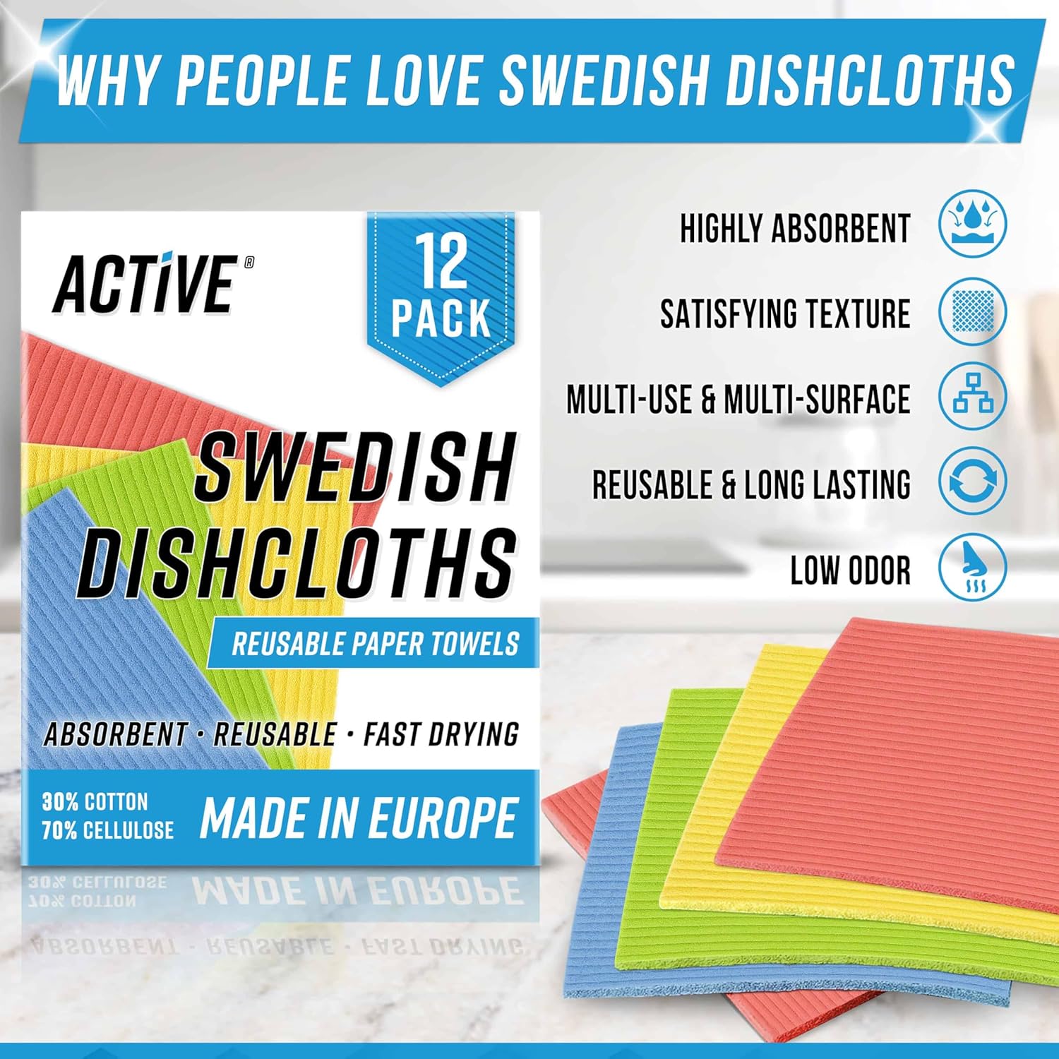 ACTIVE Swedish Dish Cloths for Kitchen 12 Pack Cellulose Sponge Cloth, Washable Dishcloths for Washing Dishes, Original European Dish Towels, Absorbent Reusable Paper Towels - Multicolor Assorted
