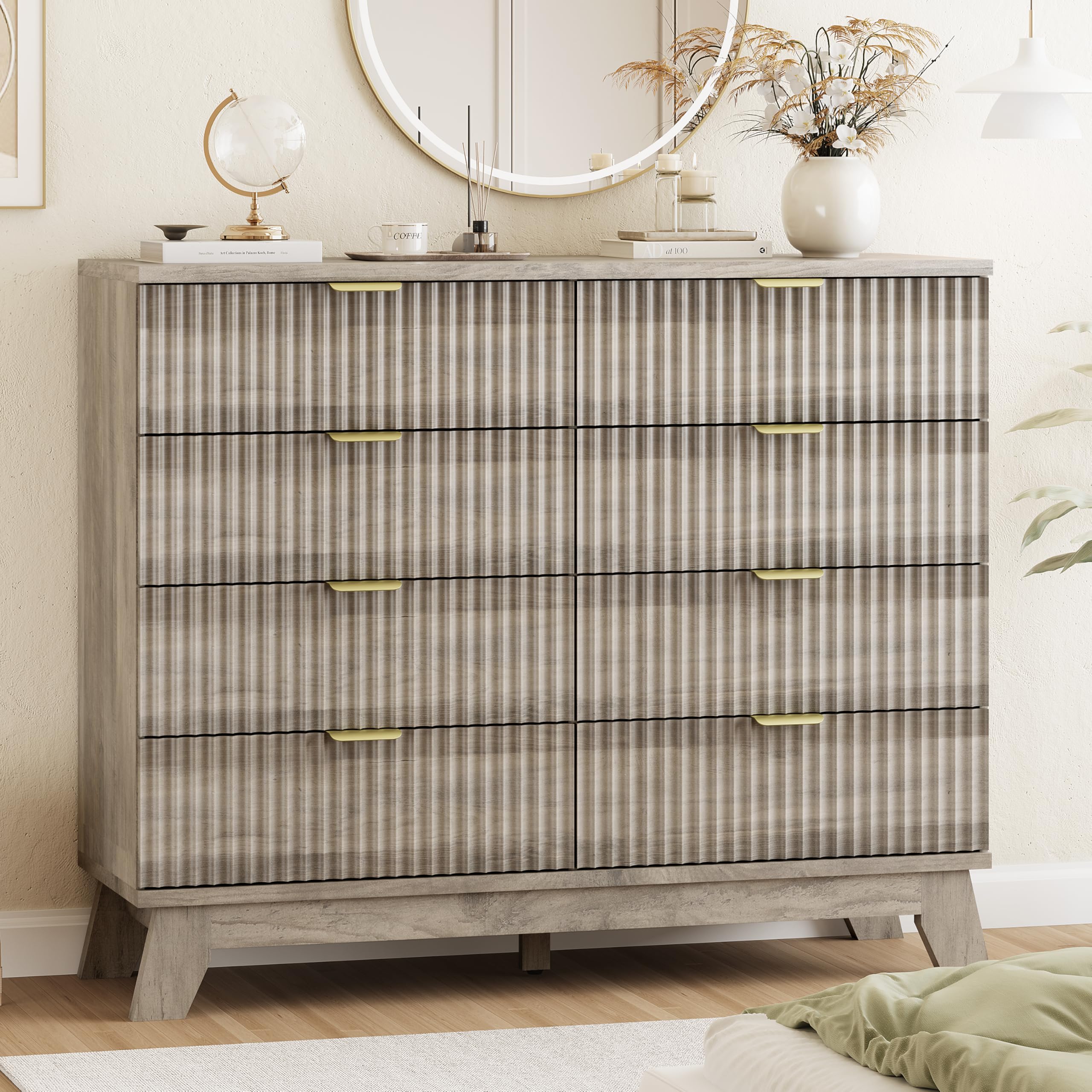 9-Drawer Fluted Dresser, 57" Wide Natural Oak Storage Chest with Metal Handles