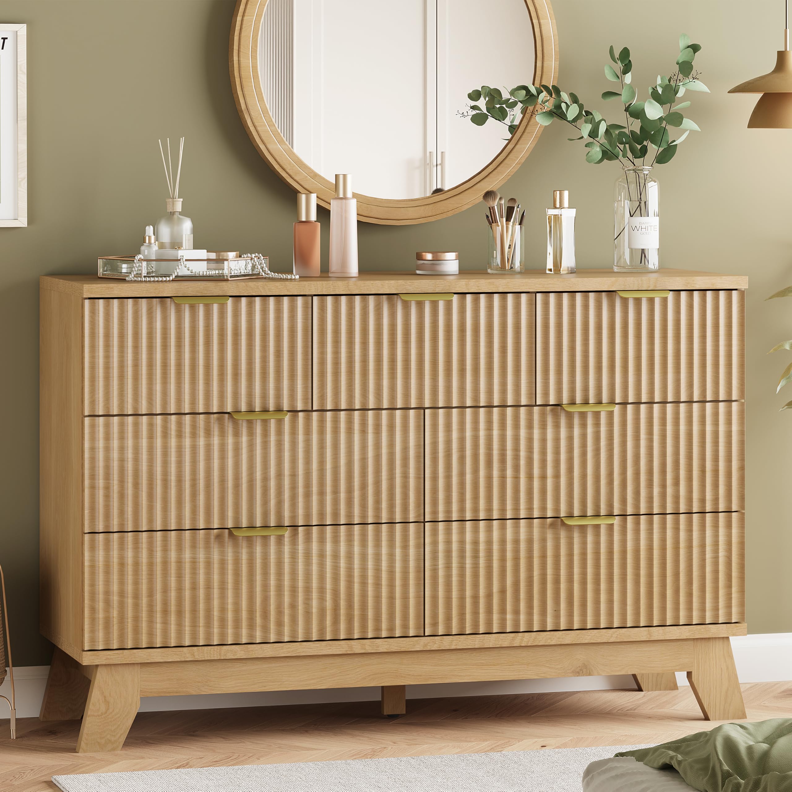 9-Drawer Fluted Dresser, 57" Wide Natural Oak Storage Chest with Metal Handles