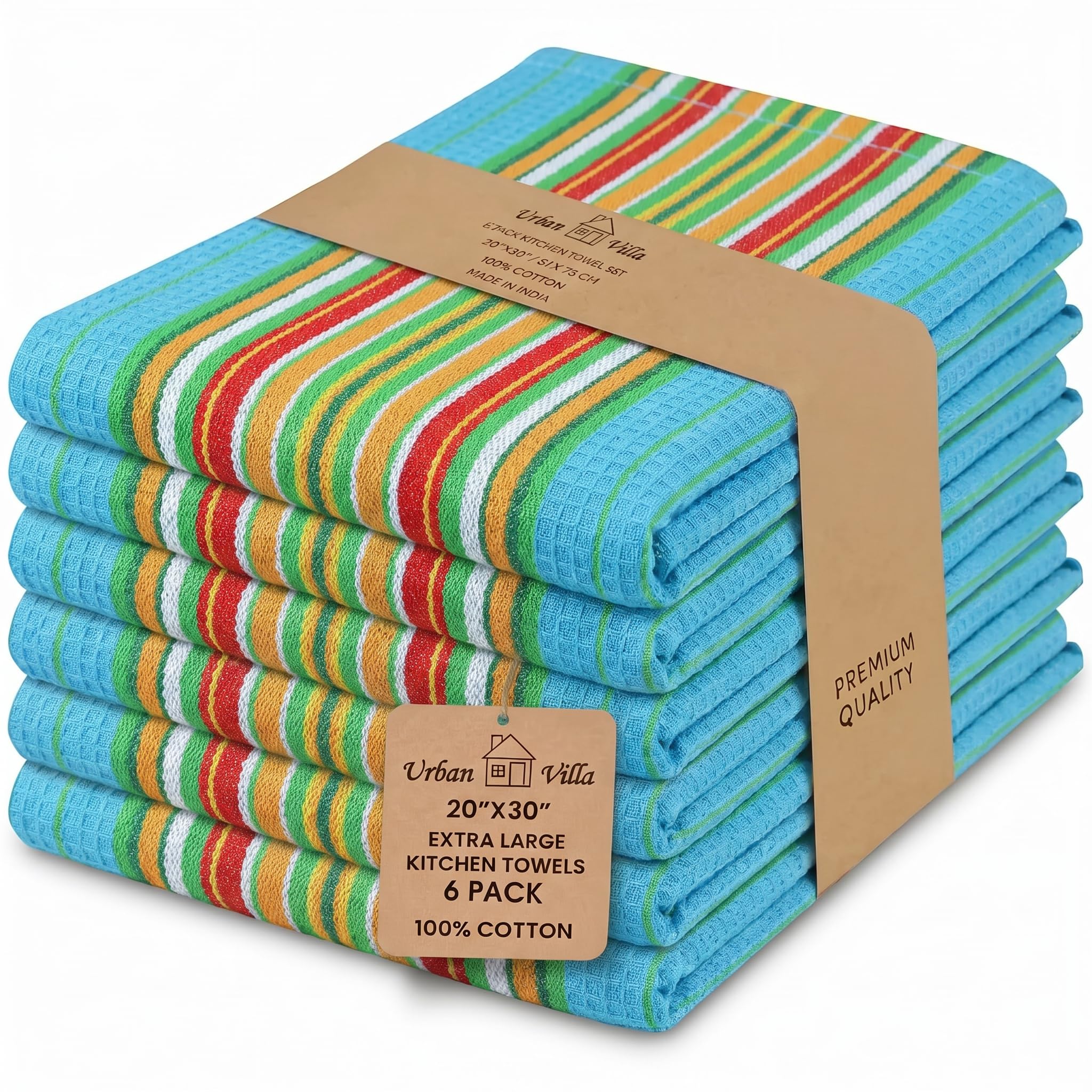 Urban Villa Kitchen Towels 100% Cotton Dish Towels for Kitchen (Set of 6) 20”x30” Dish Cloths Highly Absorbent Kitchen Linen Set with Hanging Loop Perfect for Drying Dishes Cleaning Towels-Blue White