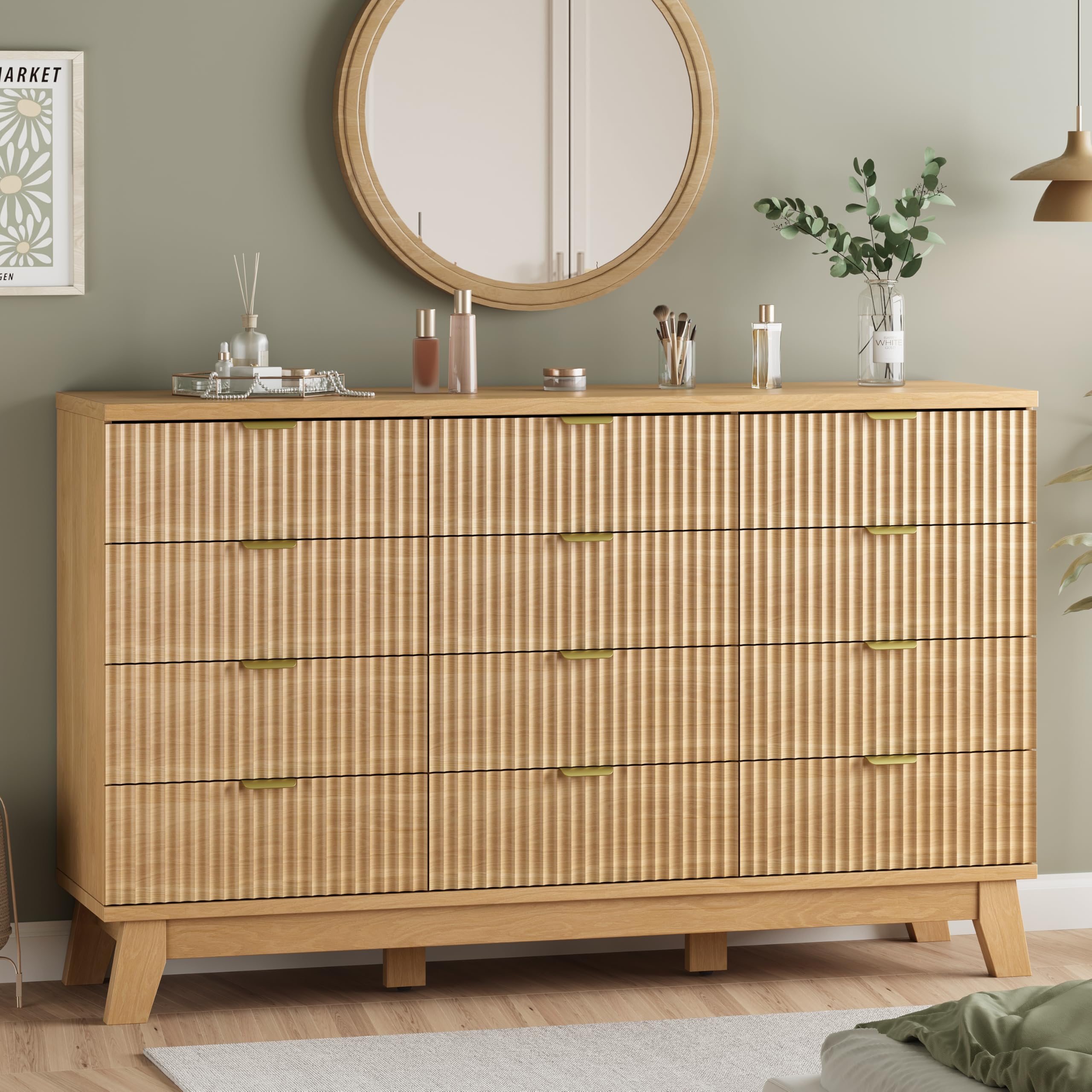 9-Drawer Fluted Dresser, 57" Wide Natural Oak Storage Chest with Metal Handles
