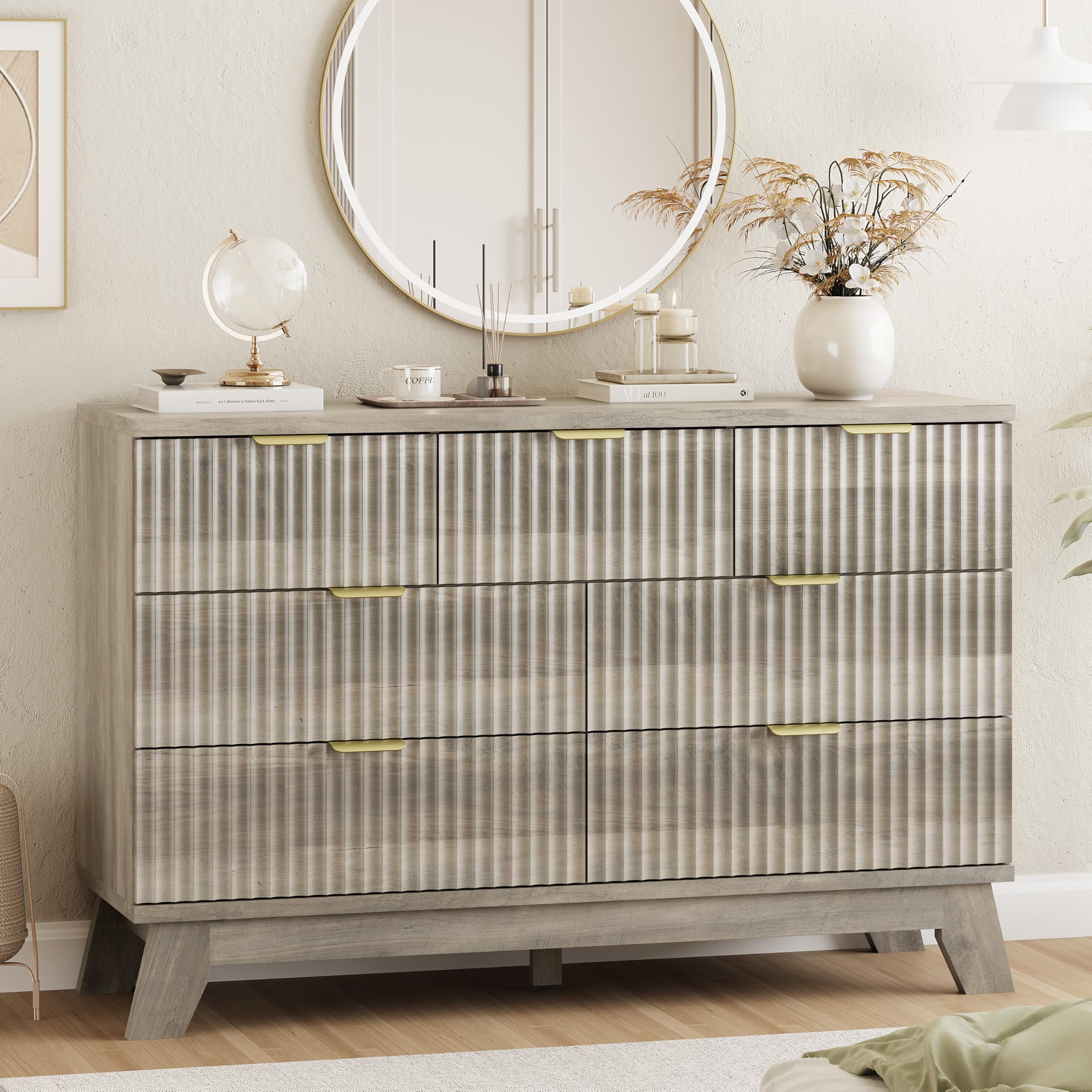 9-Drawer Fluted Dresser, 57" Wide Natural Oak Storage Chest with Metal Handles