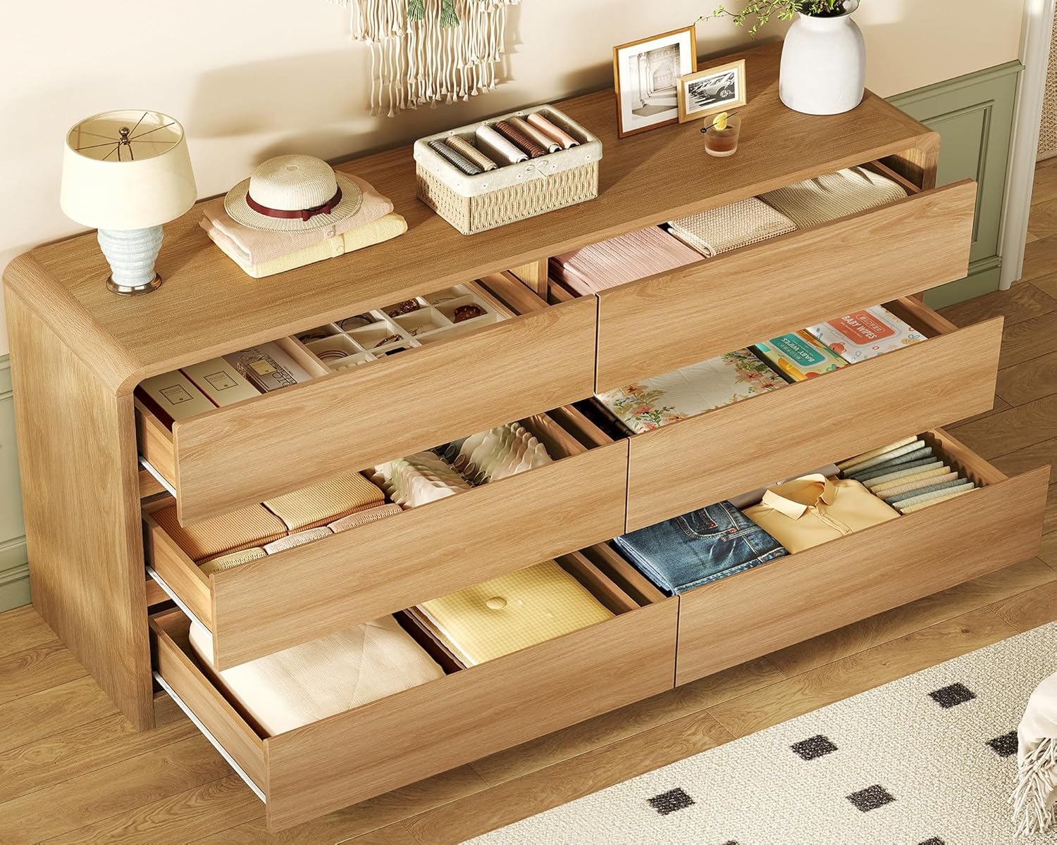 TEENFON 55" Dresser for Bedroom with 6 Drawers, Dressers & Chests of Drawers with Curved Profile Design, 6 Drawer Dresser, Bedroom Dressers, Wood Dressers for Bedroom, Hallway, Natural
