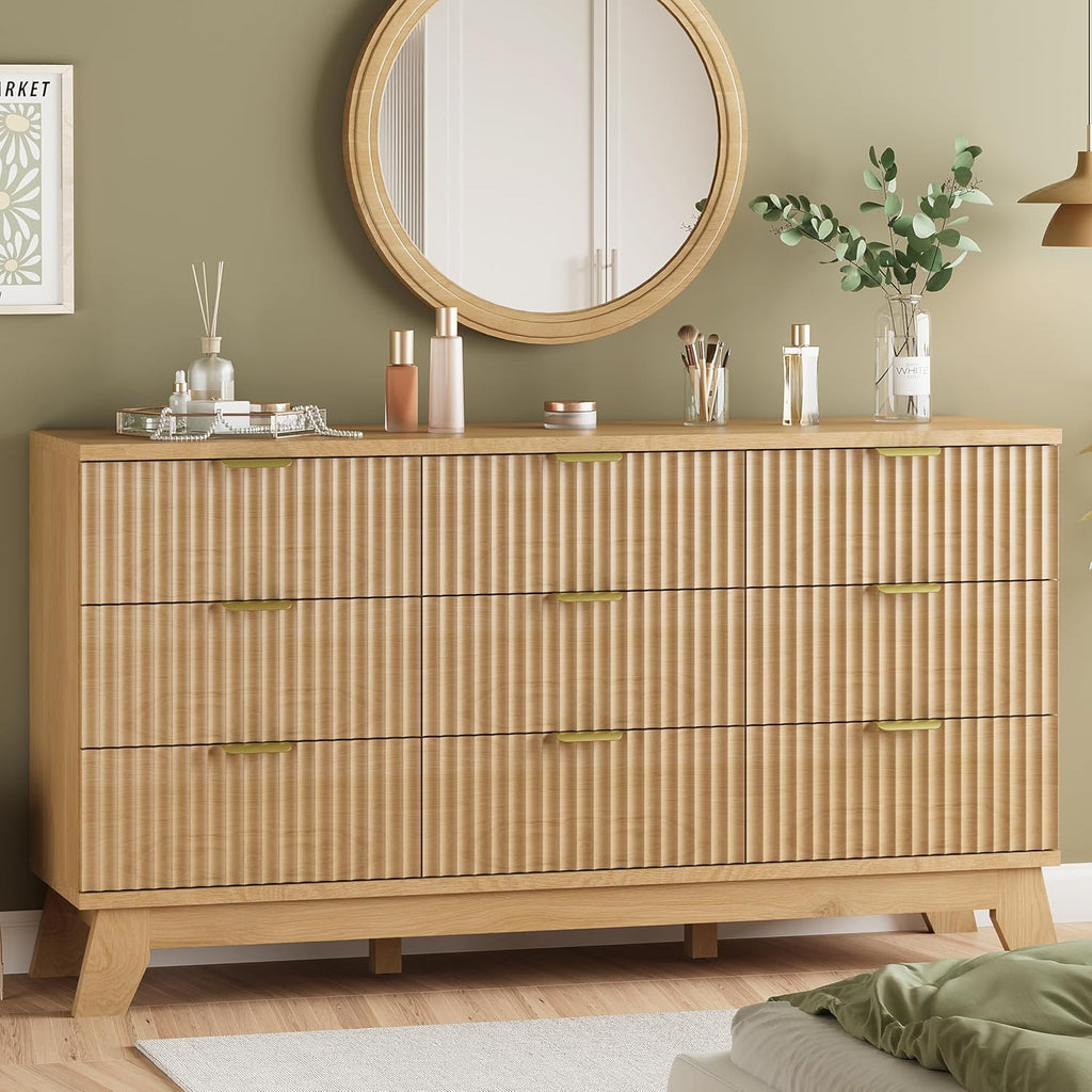9-Drawer Fluted Dresser, 57" Wide Natural Oak Storage Chest with Metal Handles