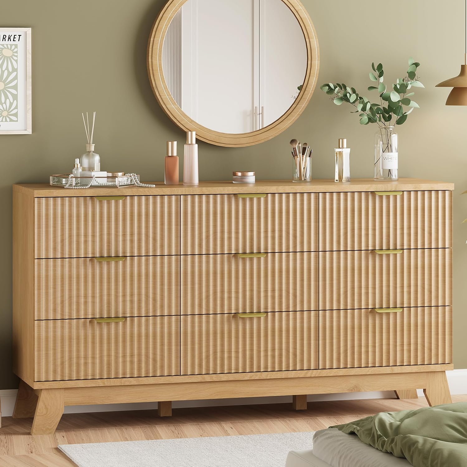 9-Drawer Fluted Dresser, 57" Wide Natural Oak Storage Chest with Metal Handles