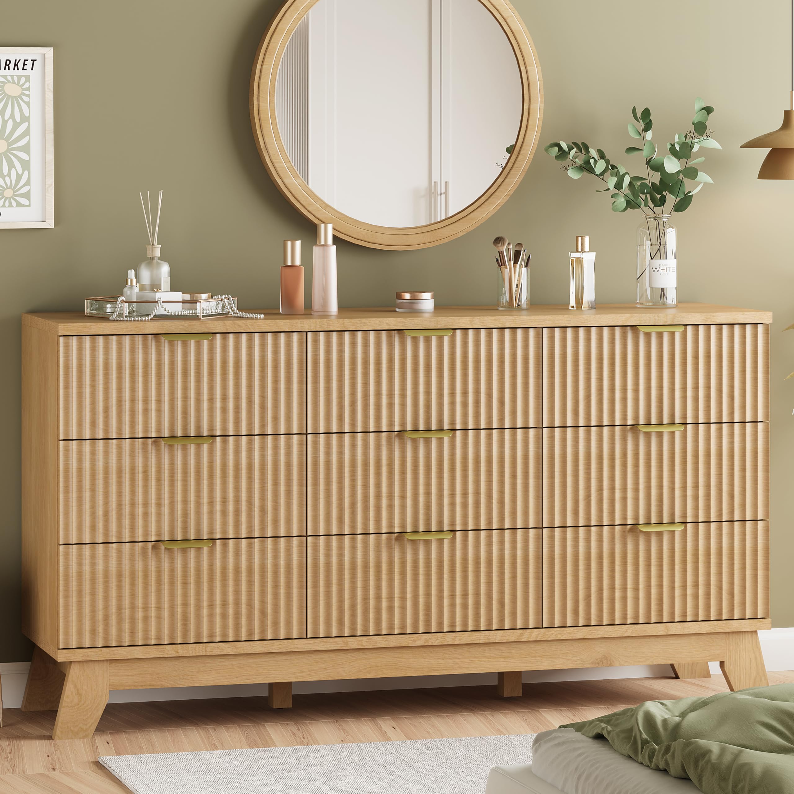 9-Drawer Fluted Dresser, 57" Wide Natural Oak Storage Chest with Metal Handles