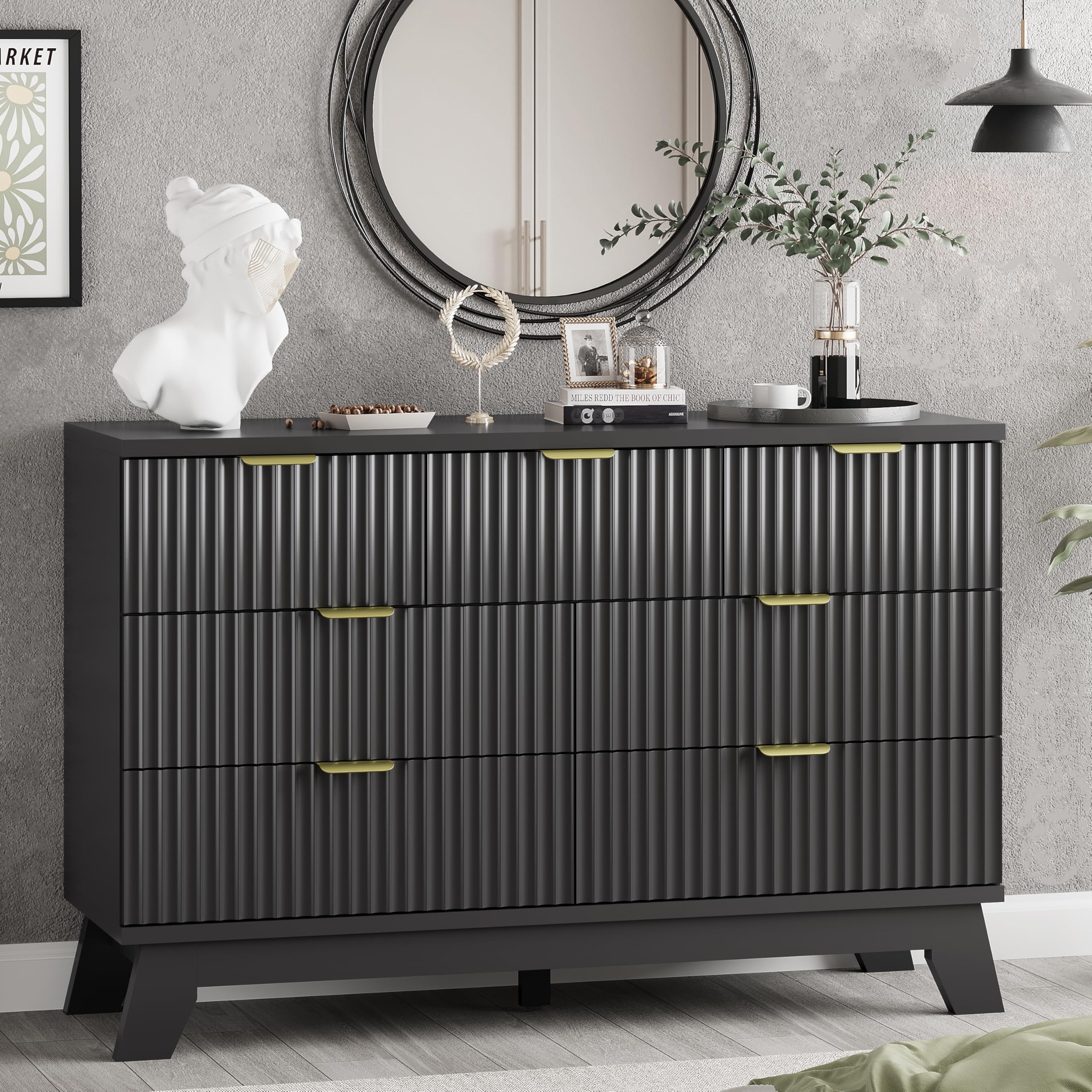 9-Drawer Fluted Dresser, 57" Wide Natural Oak Storage Chest with Metal Handles