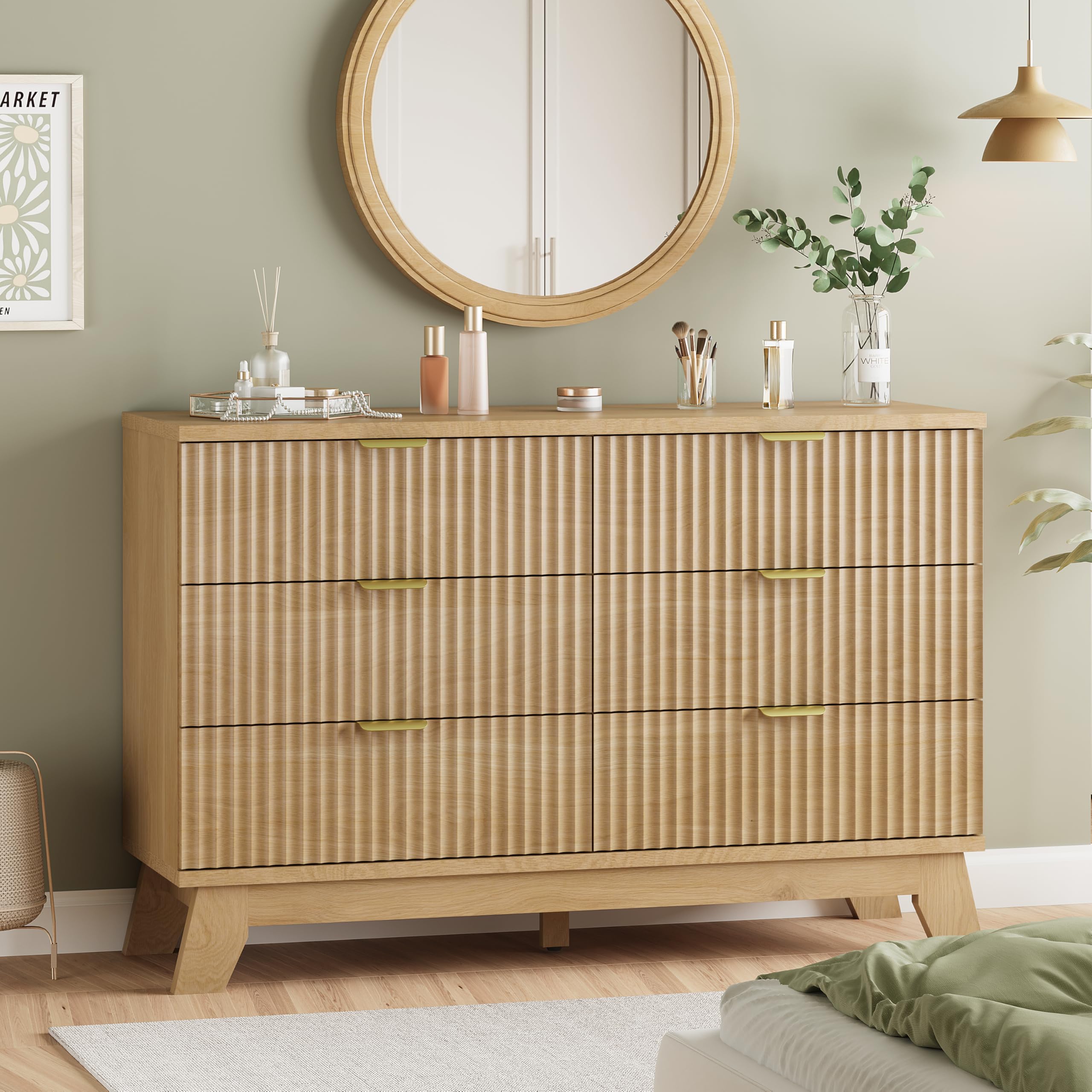 9-Drawer Fluted Dresser, 57" Wide Natural Oak Storage Chest with Metal Handles