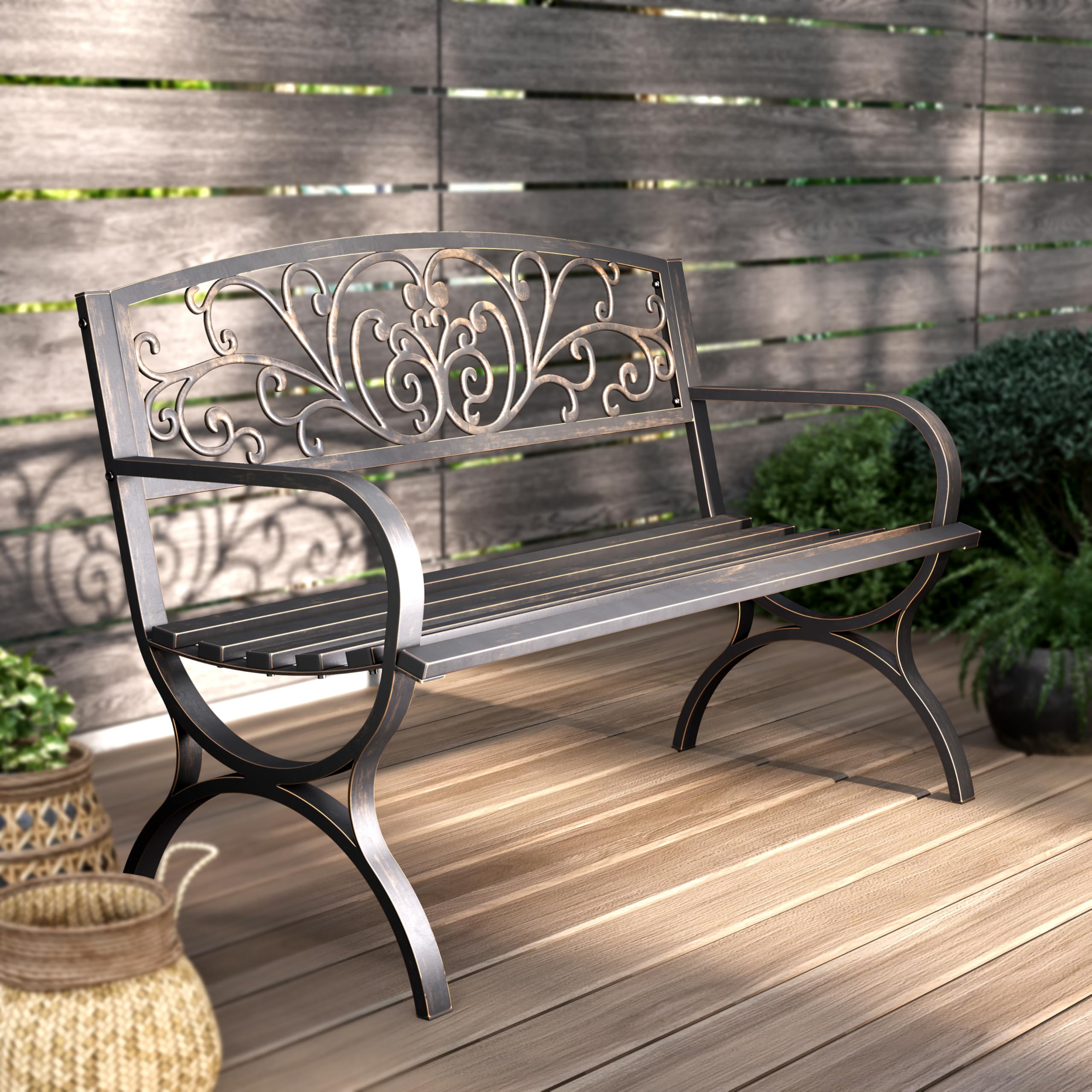 PHI VILLA 50-Inch Cast Iron Steel Frame Garden Bench Outdoor Patio Bench Chair w/Floral Design Backrest, Slatted Seat for Park, Yard & Porch, Black