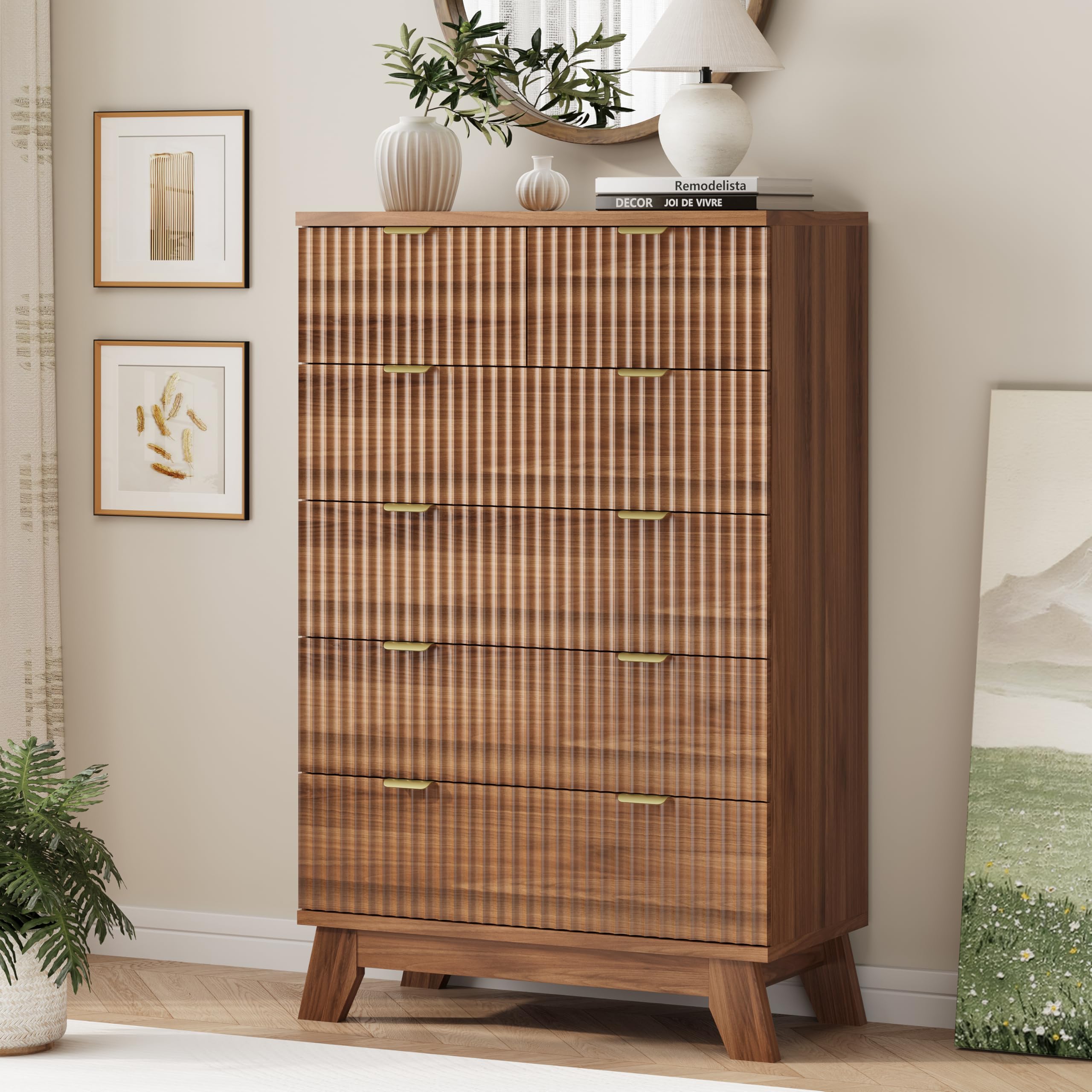 9-Drawer Fluted Dresser, 57" Wide Natural Oak Storage Chest with Metal Handles